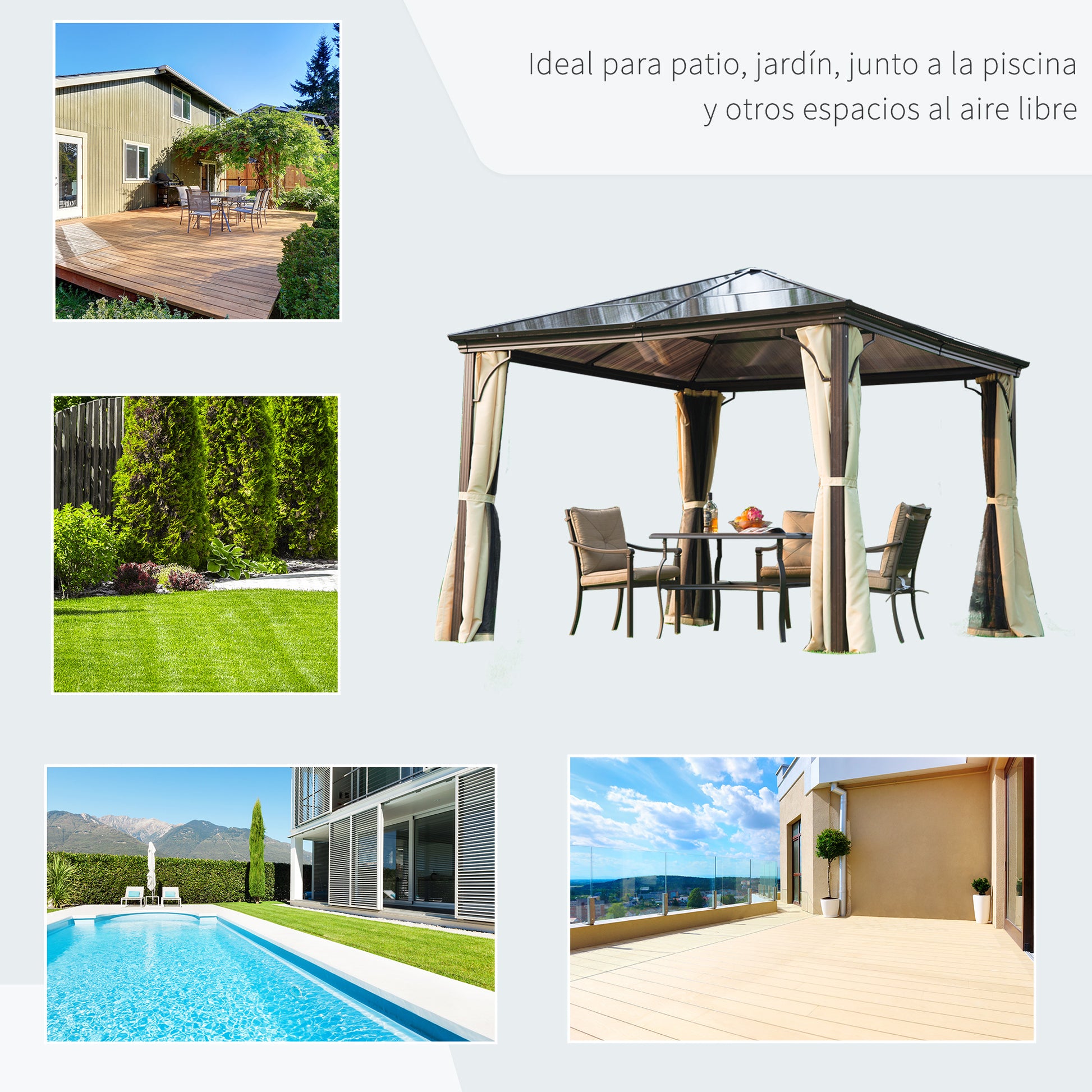 Outsunny Cenador para Jardín 3x3 m Alumnio Pabellón para Exterior con Techo de Policarbonato Anti-UV y 4 Mosquiteras Laterales con Cremalleras para Fiestas Eventos Beige