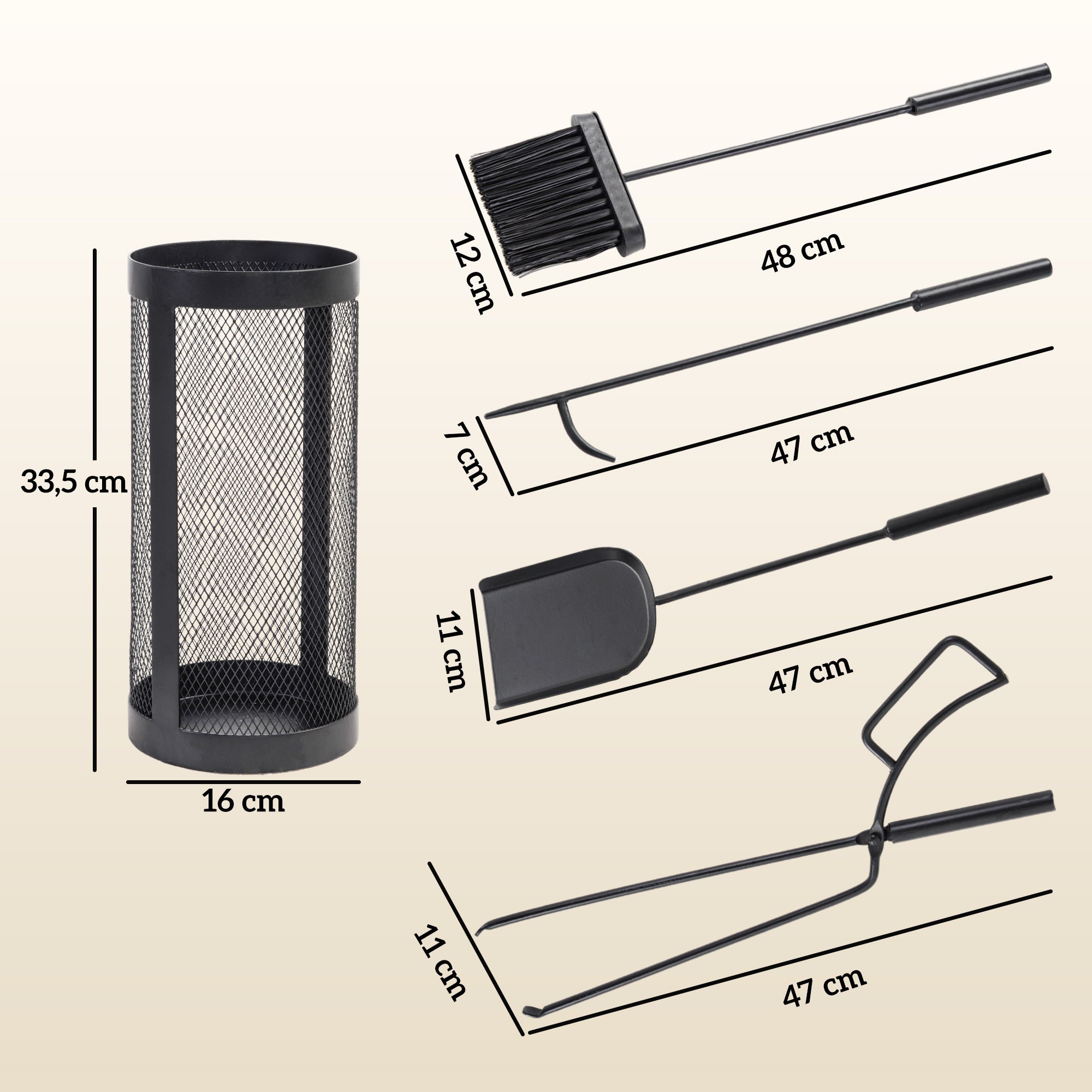 Outsunny Juego Utensilios Chimenea de 5 Piezas, Juego de Accesorios para Chimenea de Metal con Escoba, Pala, Tenazas, Atizador y Soporte, Ø16x33,5 cm, Negro