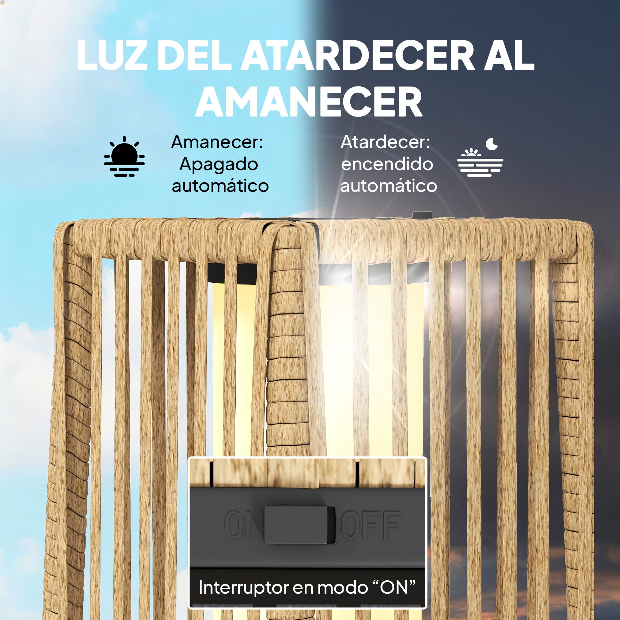 Outsunny Linterna de Jardín de Ratán, Farola Solar Exterior con Luces LED Encendido y Apagado Automático, Impermeable, IP44, Lámpara de pie para Terraza, Balcón, Patio, 19x19x68 cm, Arena