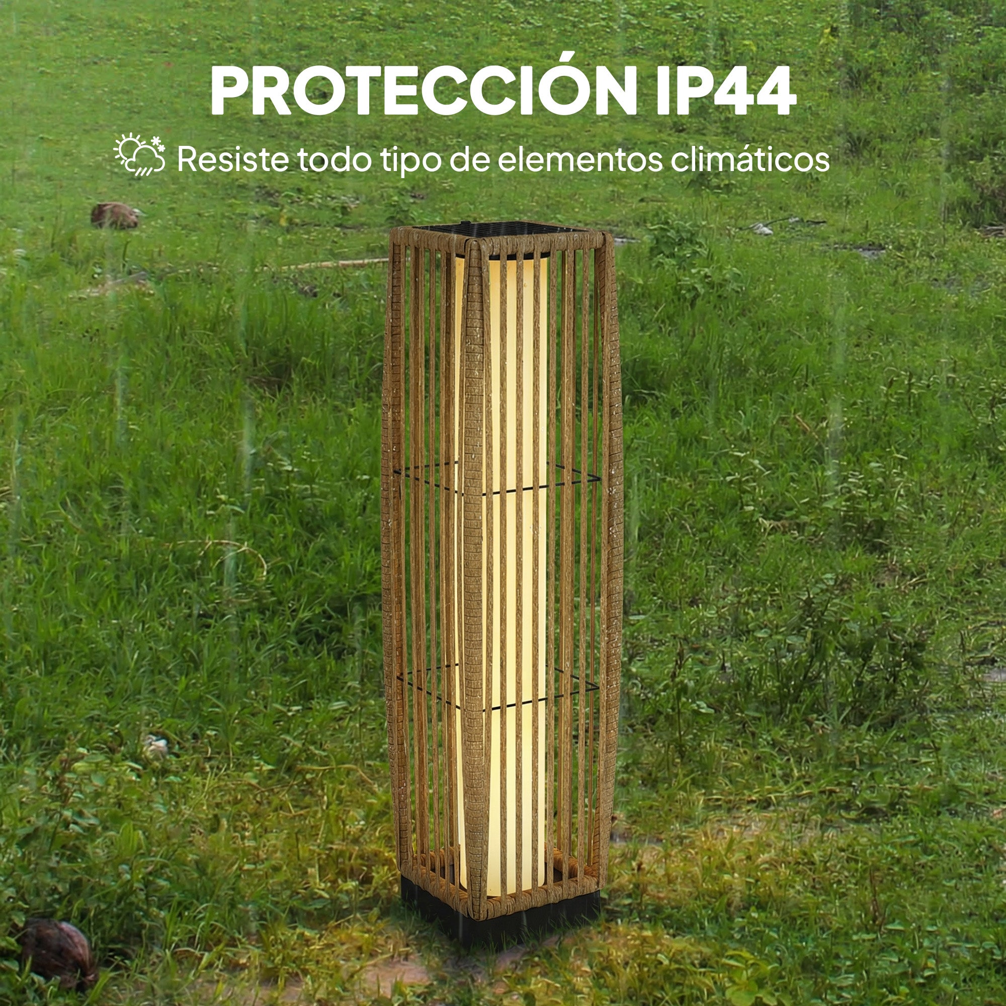 Outsunny Linterna de Jardín de Ratán, Farola Solar Exterior con Luces LED Encendido y Apagado Automático, Impermeable, IP44, Lámpara de pie para Terraza, Balcón, Patio, 19x19x68 cm, Arena