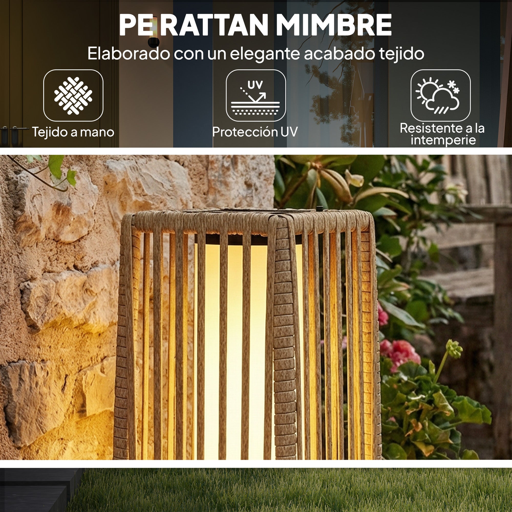 Outsunny Linterna de Jardín de Ratán, Farola Solar Exterior con Luces LED Encendido y Apagado Automático, Impermeable, IP44, Lámpara de pie para Terraza, Balcón, Patio, 19x19x68 cm, Arena