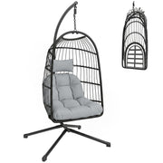 Outsunny Silla Colgante Huevo con Soporte, Columpio Jardín Exterior con Cesta Plegable de Ratán, Cojín Grueso, Reposacabezas, Altura Ajustable, Estructura Metálica para Interior y Exterior, Gris Claro