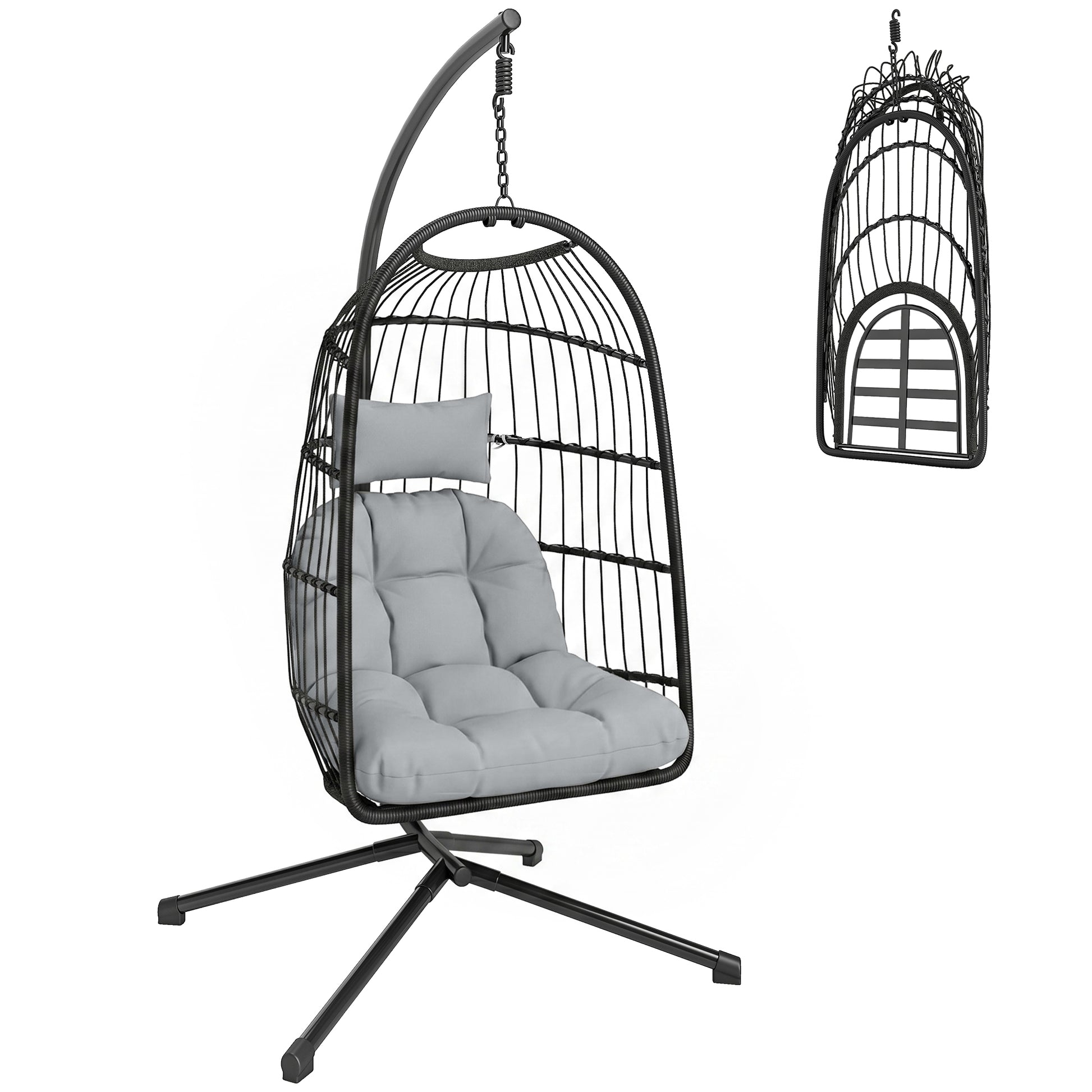 Outsunny Silla Colgante Huevo con Soporte, Columpio Jardín Exterior con Cesta Plegable de Ratán, Cojín Grueso, Reposacabezas, Altura Ajustable, Estructura Metálica para Interior y Exterior, Gris Claro