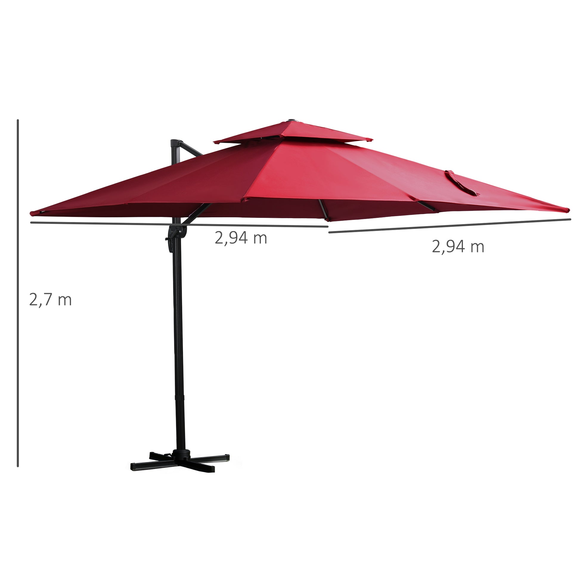 Outsunny Sombrilla de Jardín 300x300 cm Parasol de Aluminio con Manivela Poste Giratorio 360° Doble Techo Inclinable en 6 Posiciones y Base Cruzada Incluida Rojo