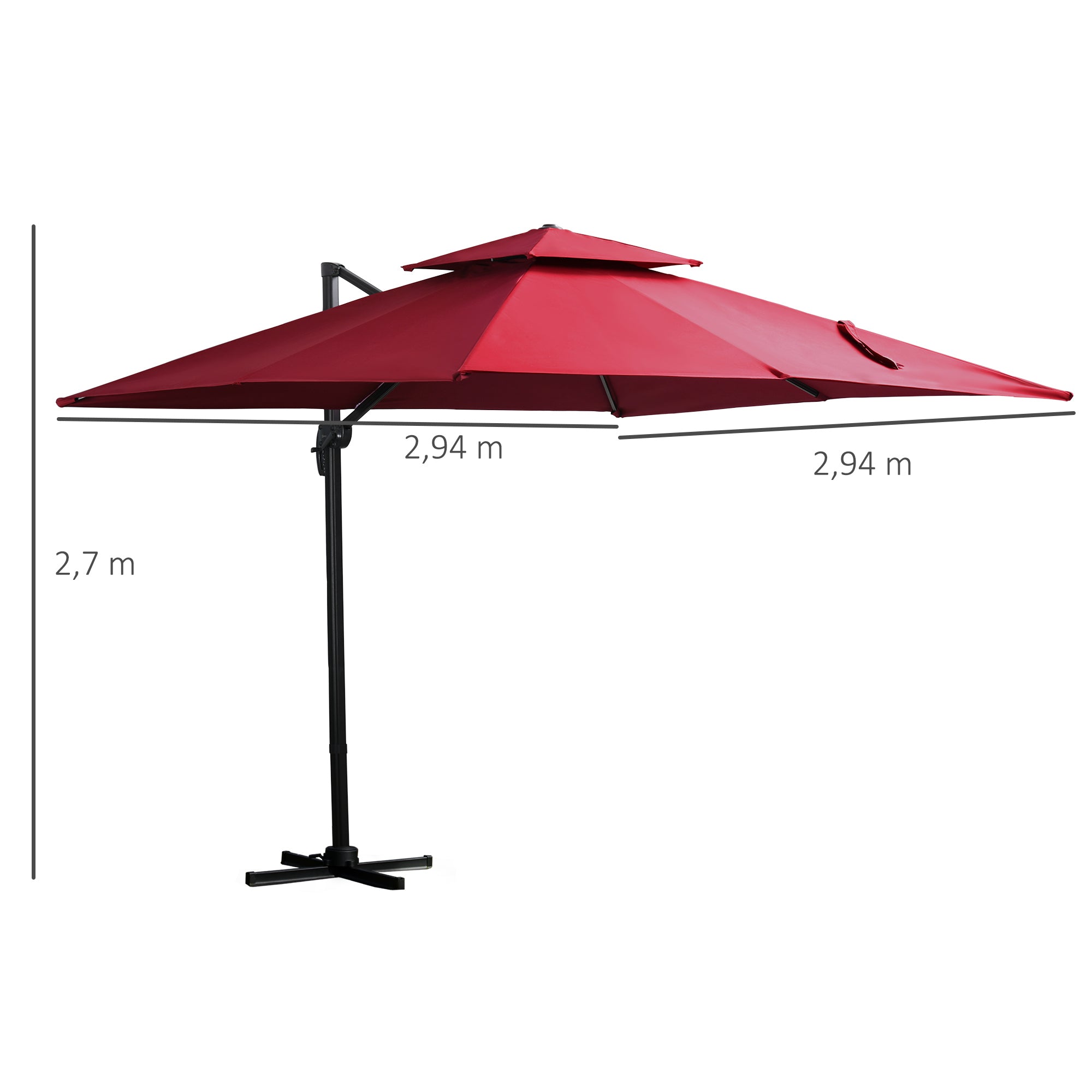 Outsunny Sombrilla de Jardín 300x300 cm Parasol de Aluminio con Manivela Poste Giratorio 360° Doble Techo Inclinable en 6 Posiciones y Base Cruzada Incluida Rojo