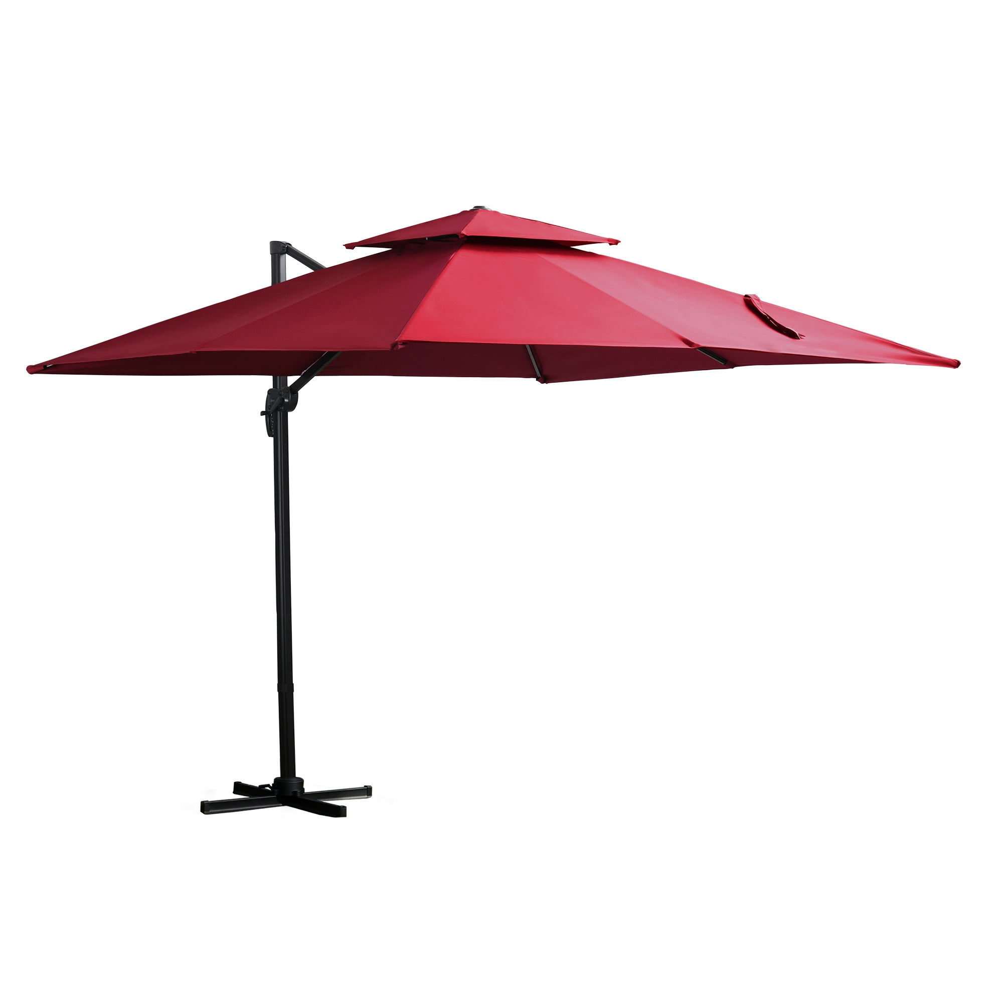 Outsunny Sombrilla de Jardín 300x300 cm Parasol de Aluminio con Manivela Poste Giratorio 360° Doble Techo Inclinable en 6 Posiciones y Base Cruzada Incluida Rojo