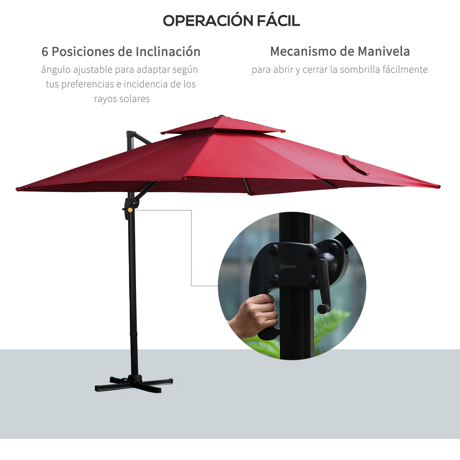 Outsunny Sombrilla de Jardín 300x300 cm Parasol de Aluminio con Manivela Poste Giratorio 360° Doble Techo Inclinable en 6 Posiciones y Base Cruzada Incluida Rojo