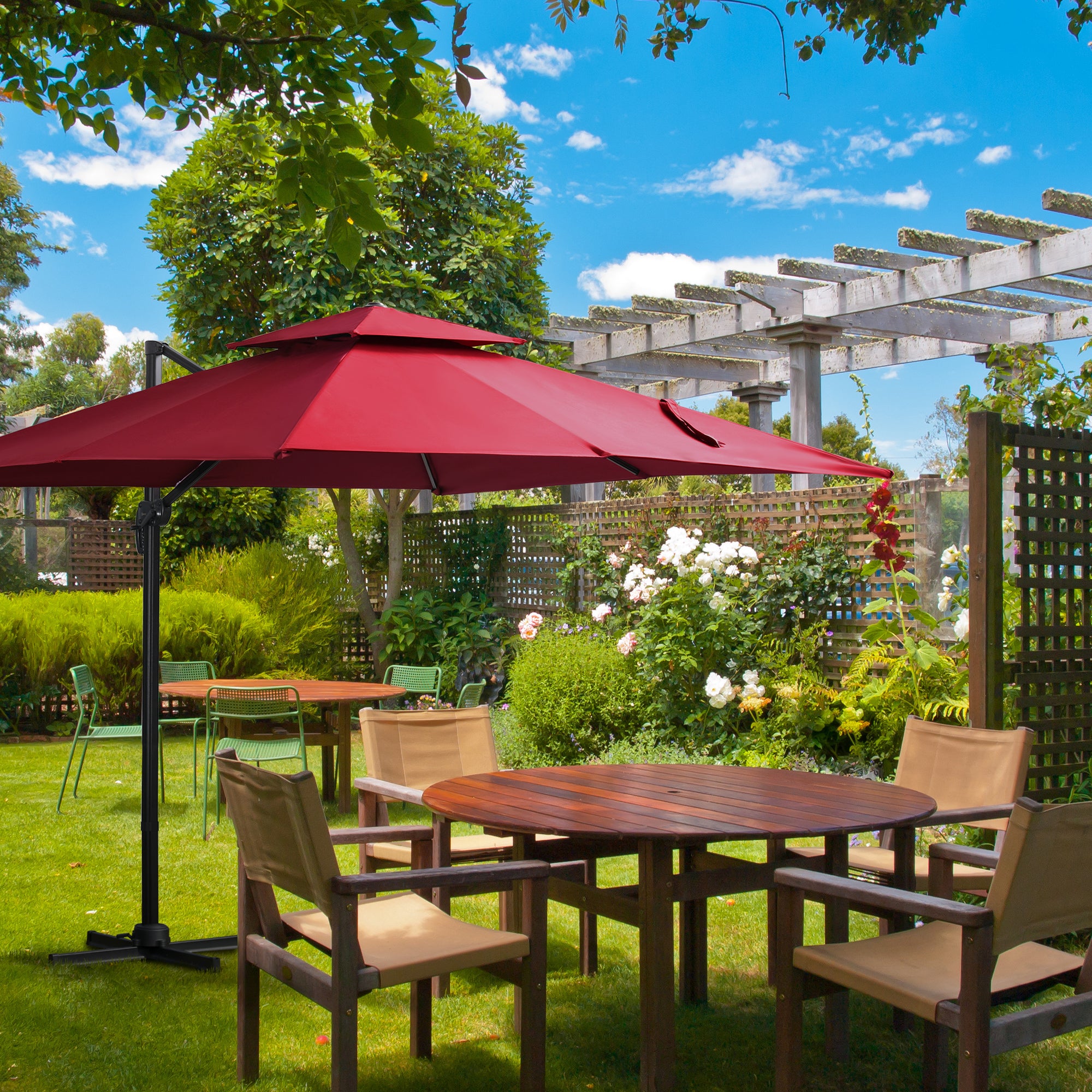 Outsunny Sombrilla de Jardín 300x300 cm Parasol de Aluminio con Manivela Poste Giratorio 360° Doble Techo Inclinable en 6 Posiciones y Base Cruzada Incluida Rojo