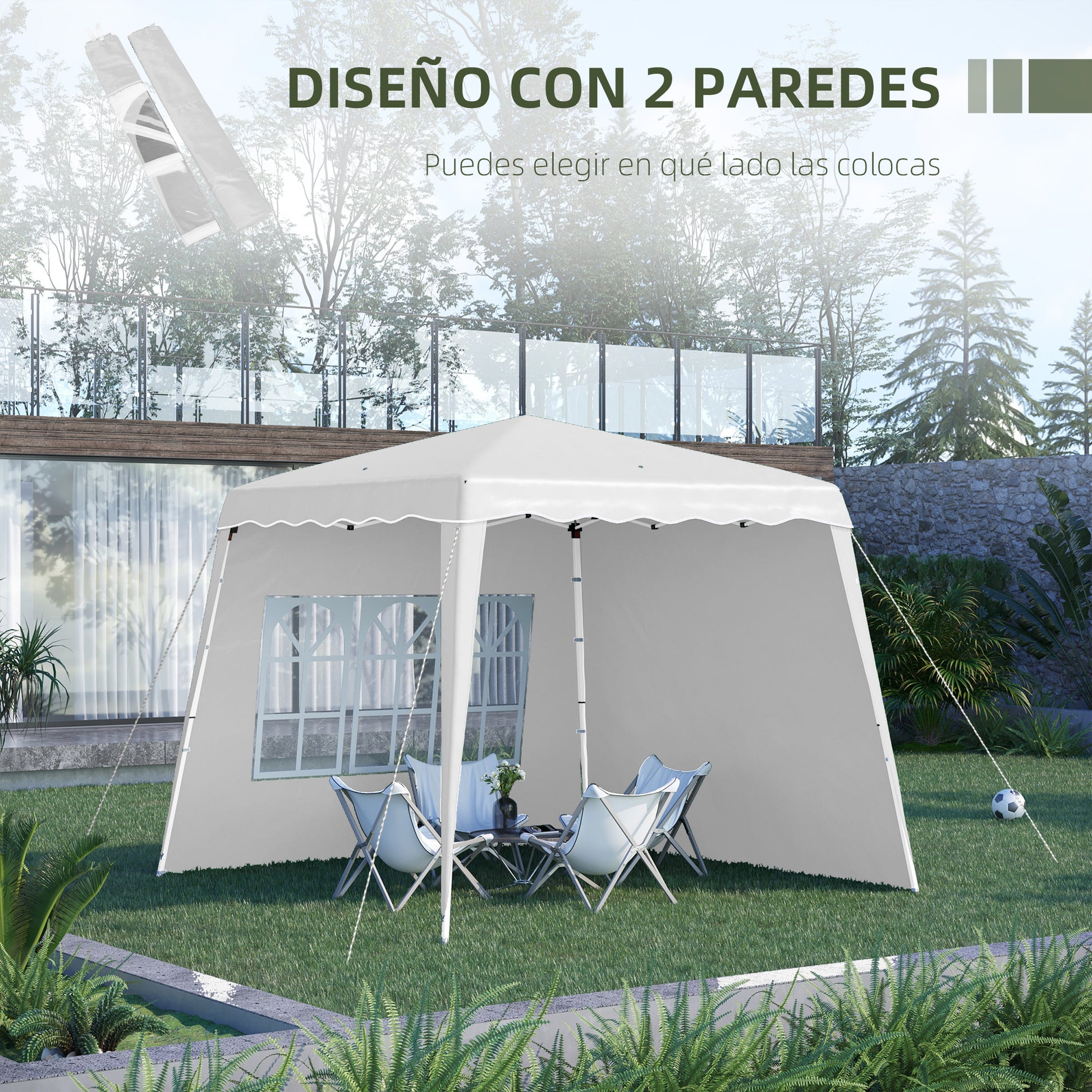 Outsunny Carpa Plegable Pop-up 3x3 m Cenador Pabellón de Jardín con 2 Paredes Laterales Altura Ajustable y Bolsa de Transporte Protección UV50+ Impermeable Gazebo para Camping Fiestas Exterior Blanco