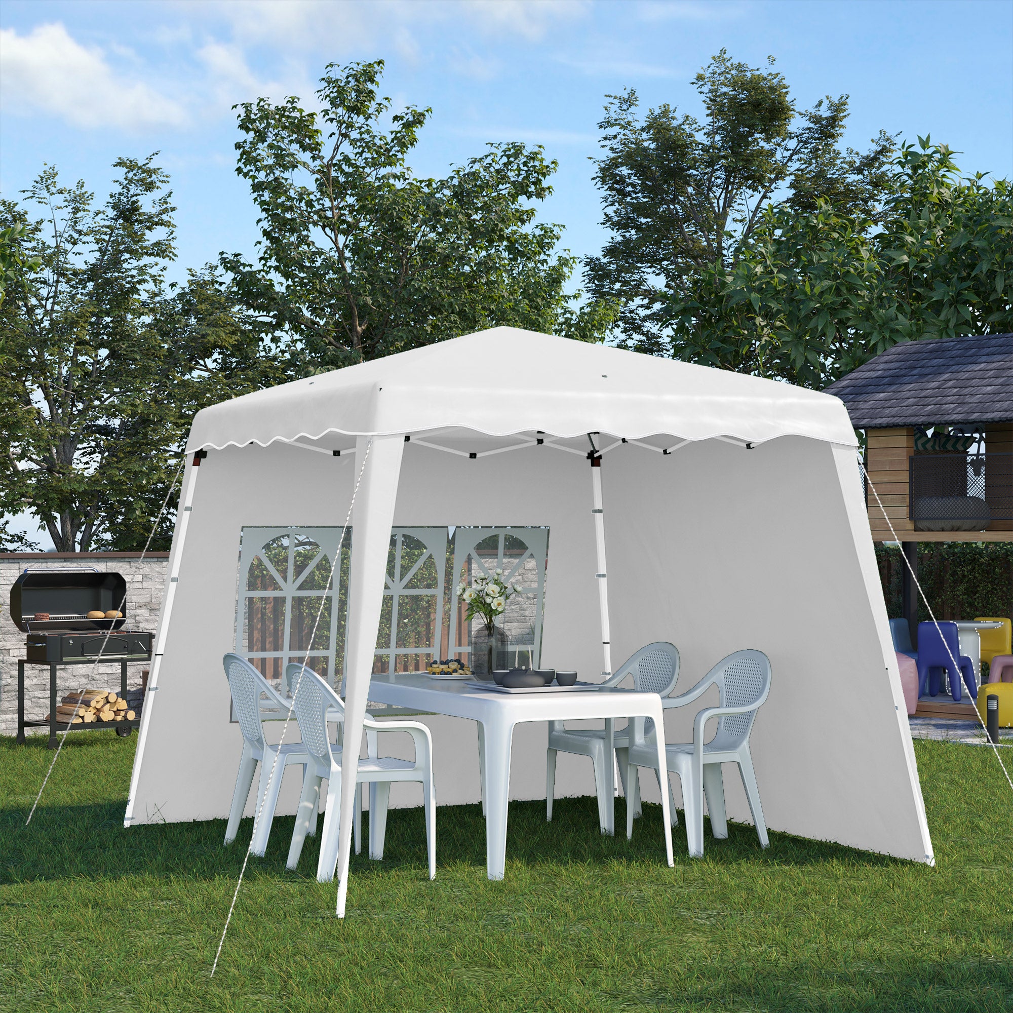 Outsunny Carpa Plegable Pop-up 3x3 m Cenador Pabellón de Jardín con 2 Paredes Laterales Altura Ajustable y Bolsa de Transporte Protección UV50+ Impermeable Gazebo para Camping Fiestas Exterior Blanco