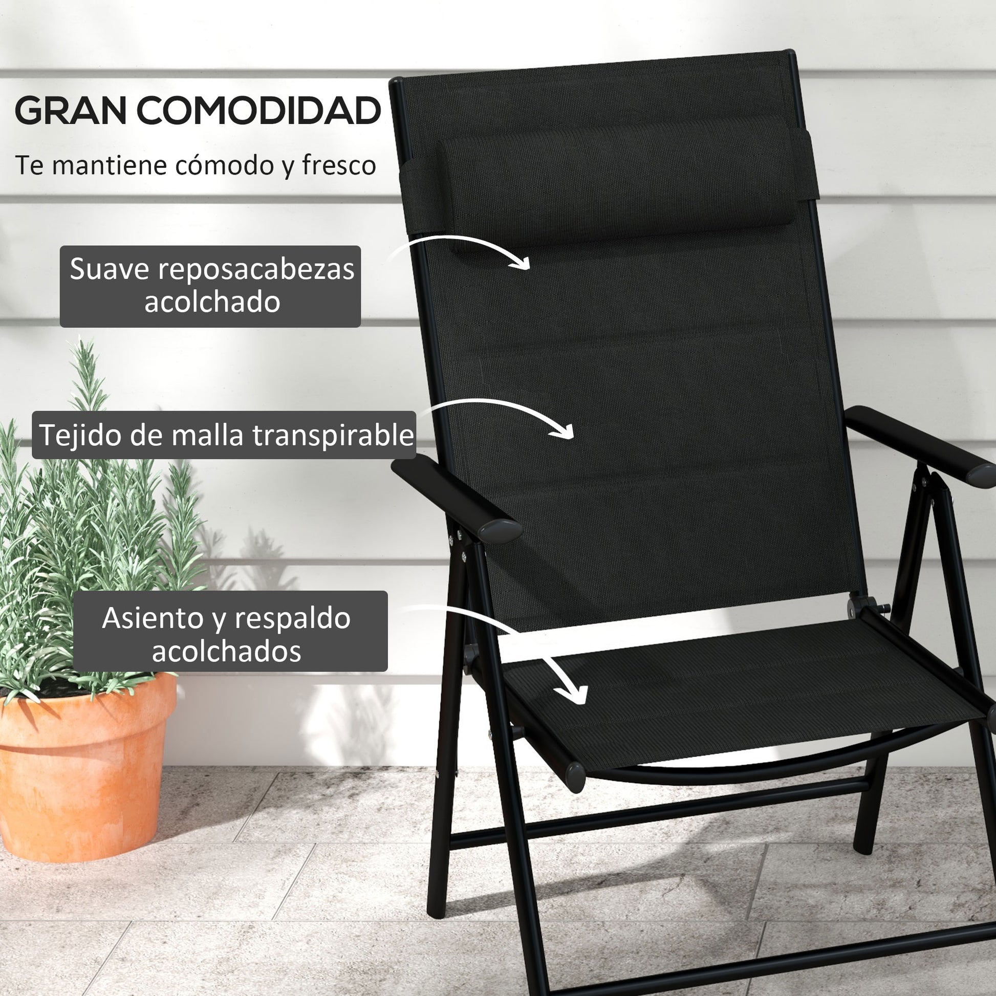 Outsunny Conjunto de 2 Sillas de Camping Plegables Sillas de Jardín con Marco de Aluminio Reposacabezas y Reposabrazos Carga 130 kg para Terraza Playa 54x67x108 cm Negro