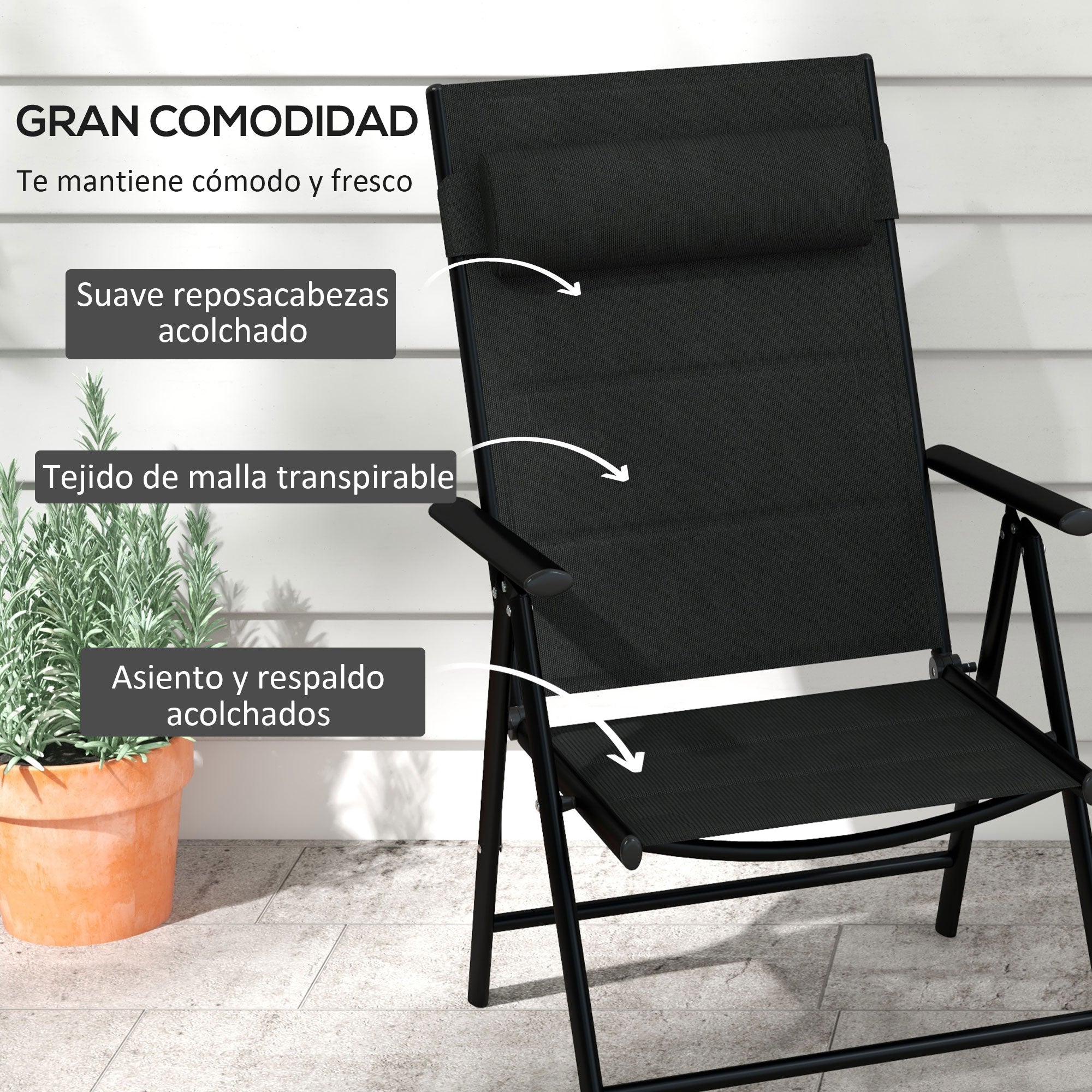Outsunny Conjunto de 2 Sillas de Camping Plegables Sillas de Jardín con Marco de Aluminio Reposacabezas y Reposabrazos Carga 130 kg para Terraza Playa 54x67x108 cm Negro