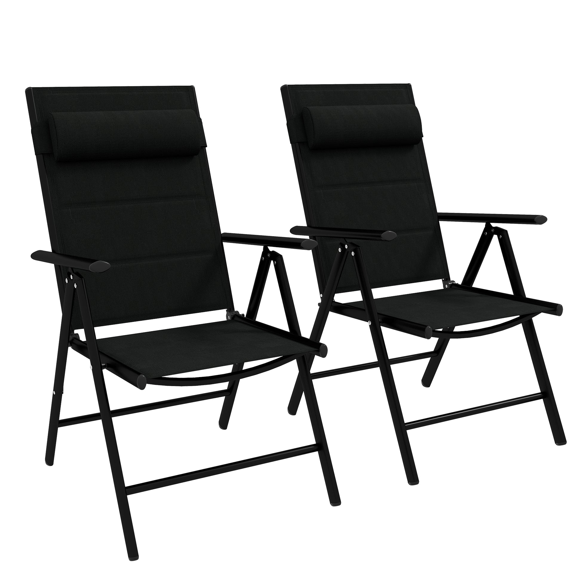 Outsunny Conjunto de 2 Sillas de Camping Plegables Sillas de Jardín con Marco de Aluminio Reposacabezas y Reposabrazos Carga 130 kg para Terraza Playa 54x67x108 cm Negro