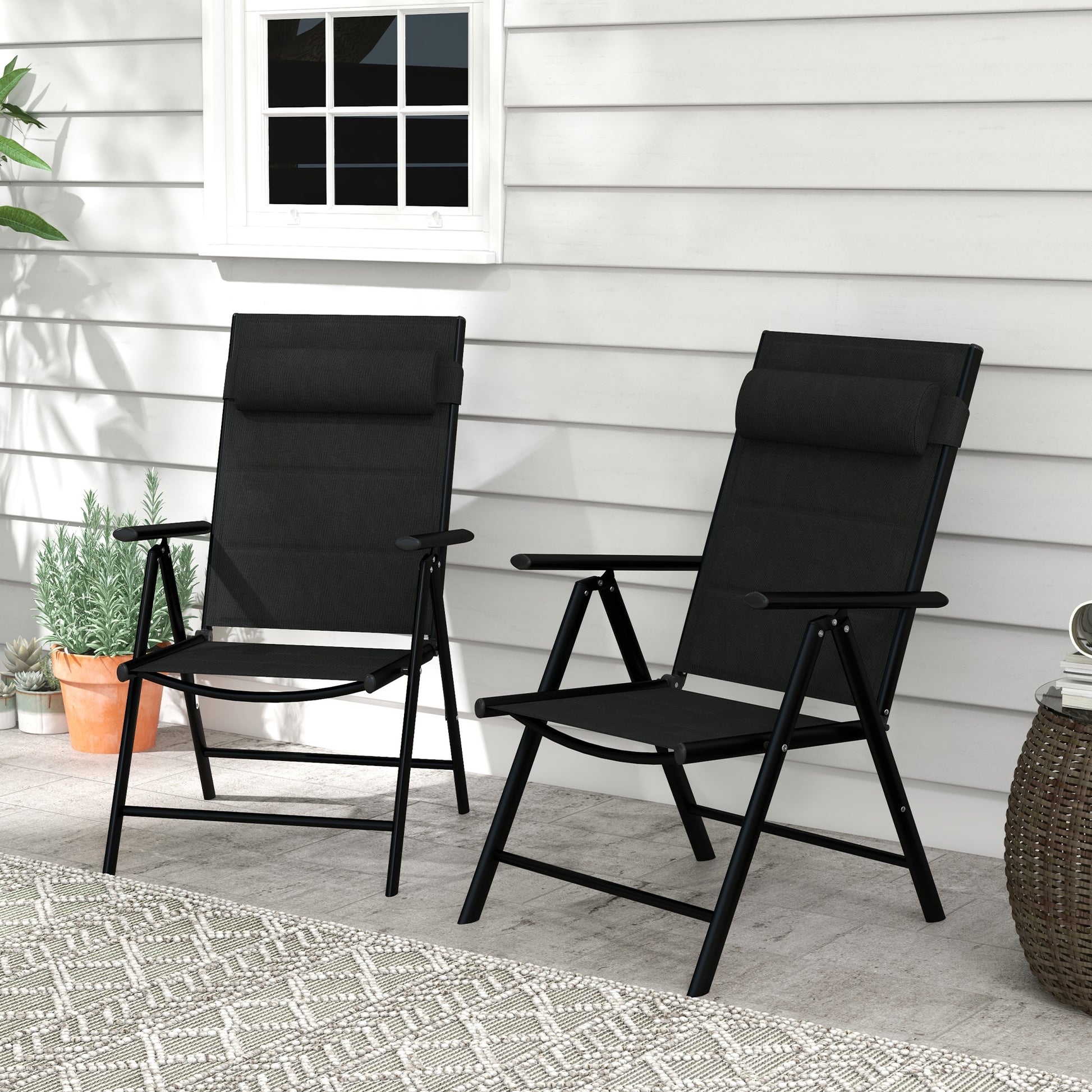 Outsunny Conjunto de 2 Sillas de Camping Plegables Sillas de Jardín con Marco de Aluminio Reposacabezas y Reposabrazos Carga 130 kg para Terraza Playa 54x67x108 cm Negro