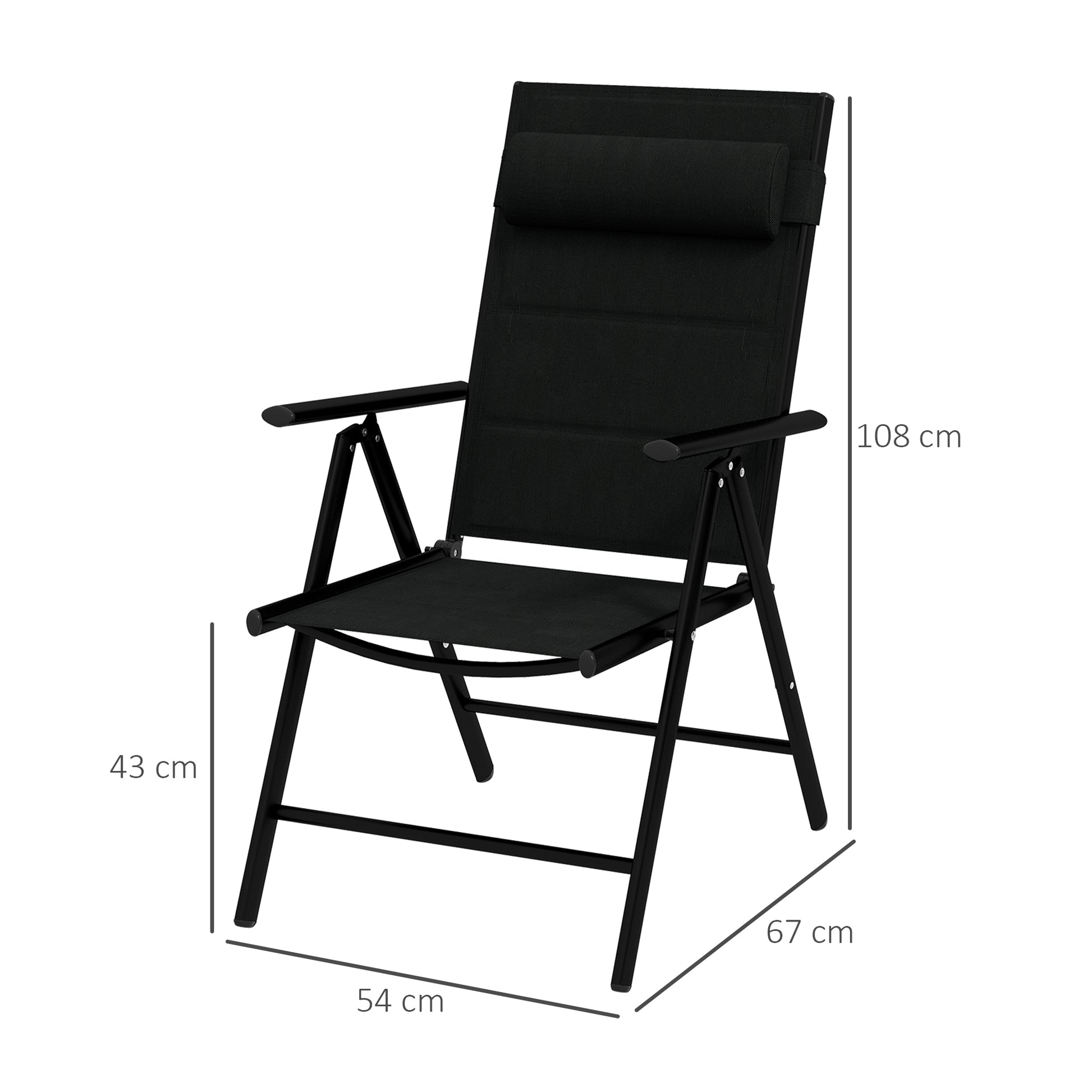 Outsunny Conjunto de 2 Sillas de Camping Plegables Sillas de Jardín con Marco de Aluminio Reposacabezas y Reposabrazos Carga 130 kg para Terraza Playa 54x67x108 cm Negro