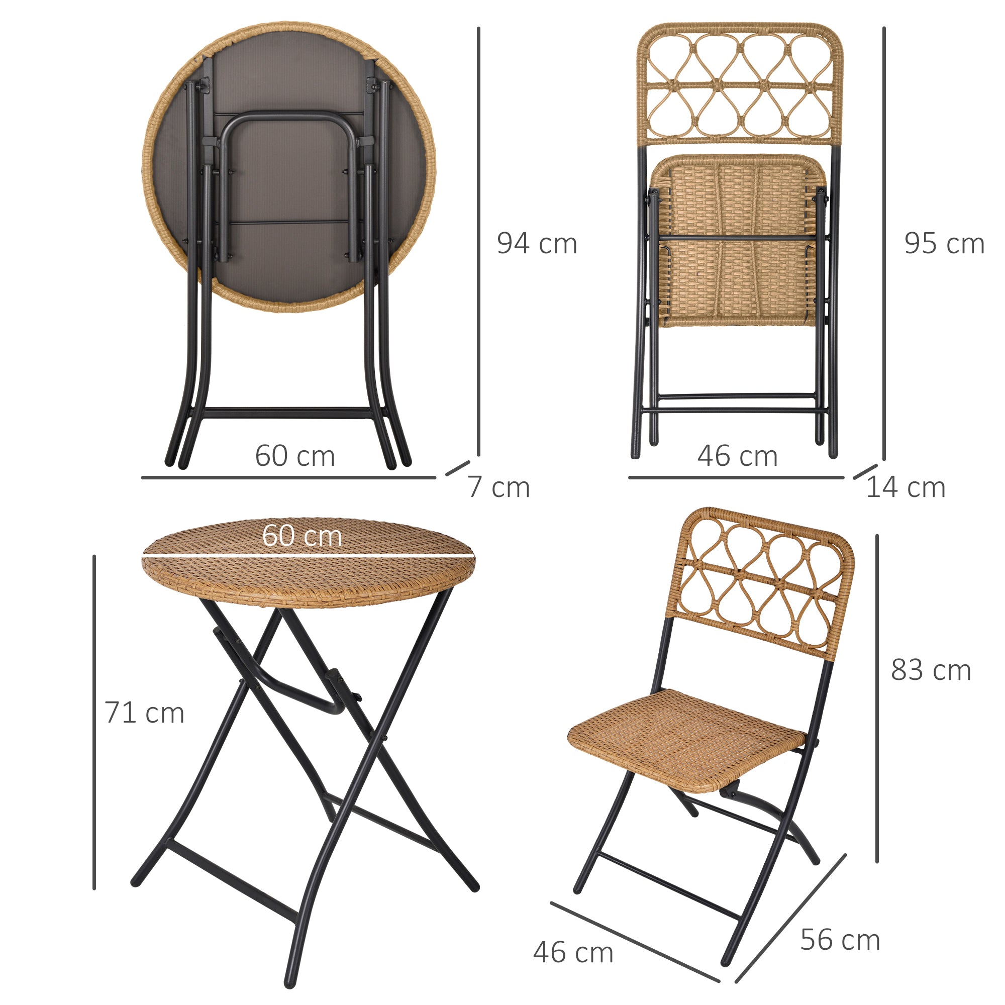 Outsunny Conjunto de Mesa y 2 Sillas Plegables de Ratán con Respaldo para Jardín Terraza Exterior Estructura de Acero Ø60x71 cm y 46x56x83 cm Madera Natural