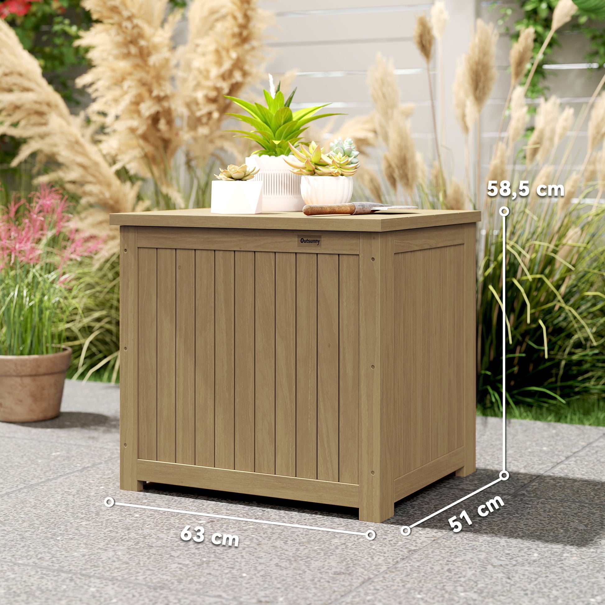 Outsunny Arcón Exterior de Madera, 130L, Baúl Almacenaje Exterior con Forro, Tapa con Bisagras y Correa, Impermeable, Resistente a la Intemperie, para Jardín, Terraza, Patio, 63x51x58,5 cm, Marrón