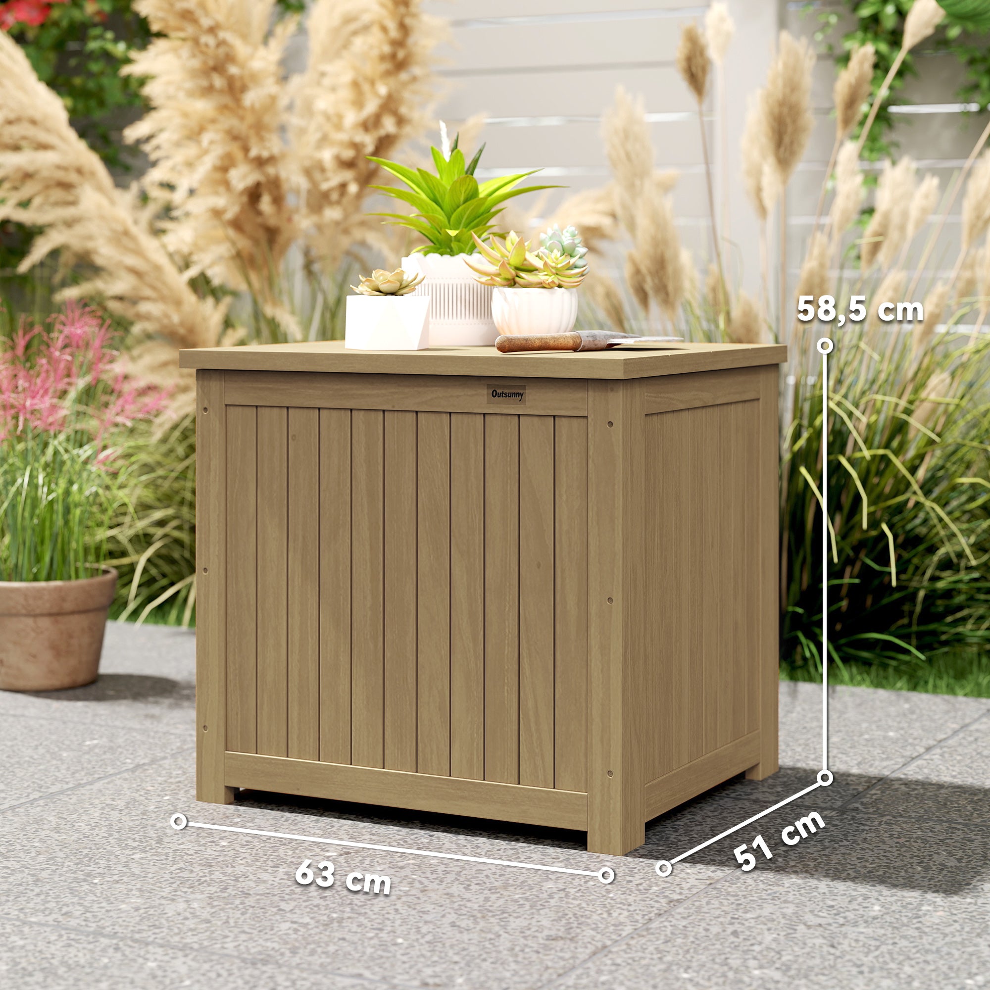 Outsunny Arcón Exterior de Madera, 130L, Baúl Almacenaje Exterior con Forro, Tapa con Bisagras y Correa, Impermeable, Resistente a la Intemperie, para Jardín, Terraza, Patio, 63x51x58,5 cm, Marrón