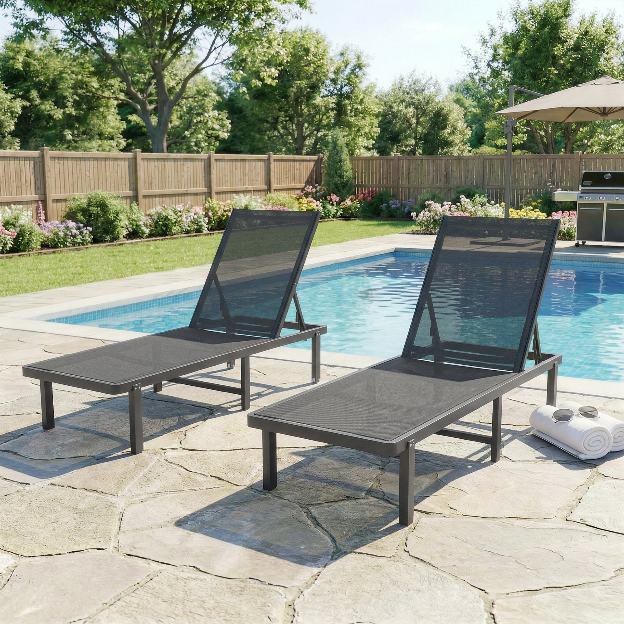 Outsunny Pack de 2 Tumbonas de Jardín Exterior, Tumbonas Reclinables con Ruedas, Respaldo Ajustable de 4 Niveles, Estructura de Aluminio y Tela Textilene, Resistentes, para Playa, Piscina, Gris Oscuro
