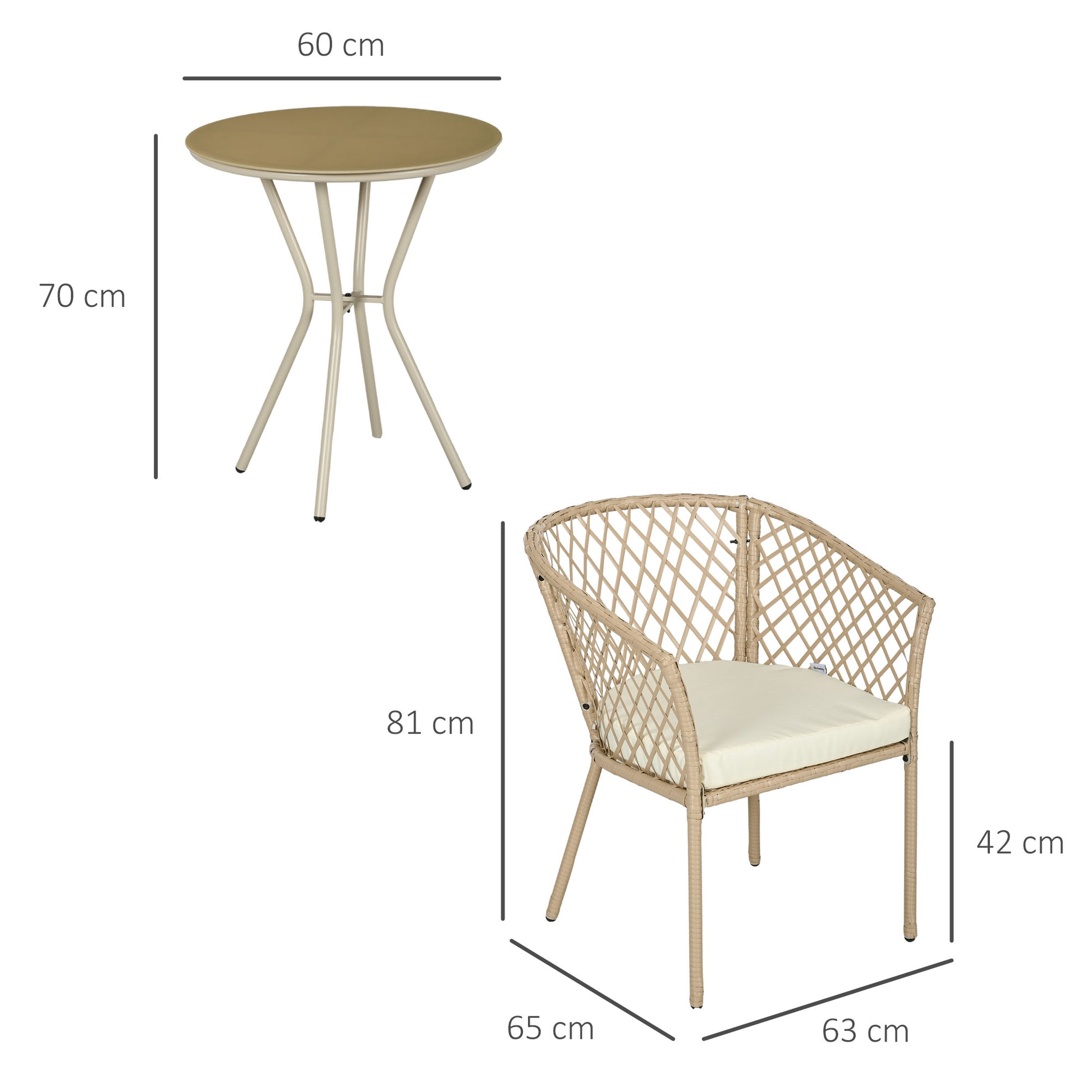 Outsunny Conjunto de Mesa y 2 Sillas de Jardín Juego de 3 Piezas Muebles de Jardín de Ratán con Cojines Extraíbles para Exterior Terraza Césped Balcón Caqui