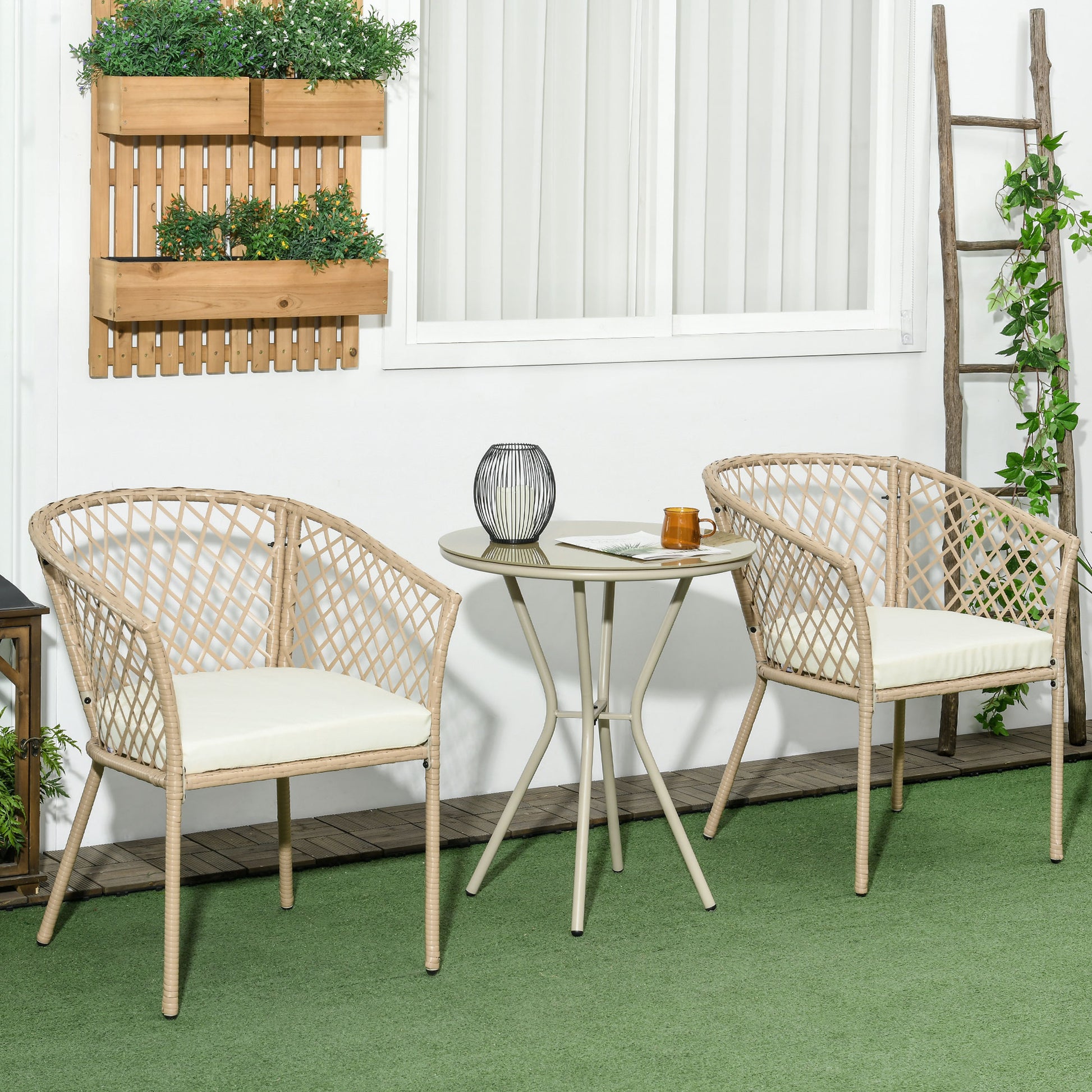 Outsunny Conjunto de Mesa y 2 Sillas de Jardín Juego de 3 Piezas Muebles de Jardín de Ratán con Cojines Extraíbles para Exterior Terraza Césped Balcón Caqui