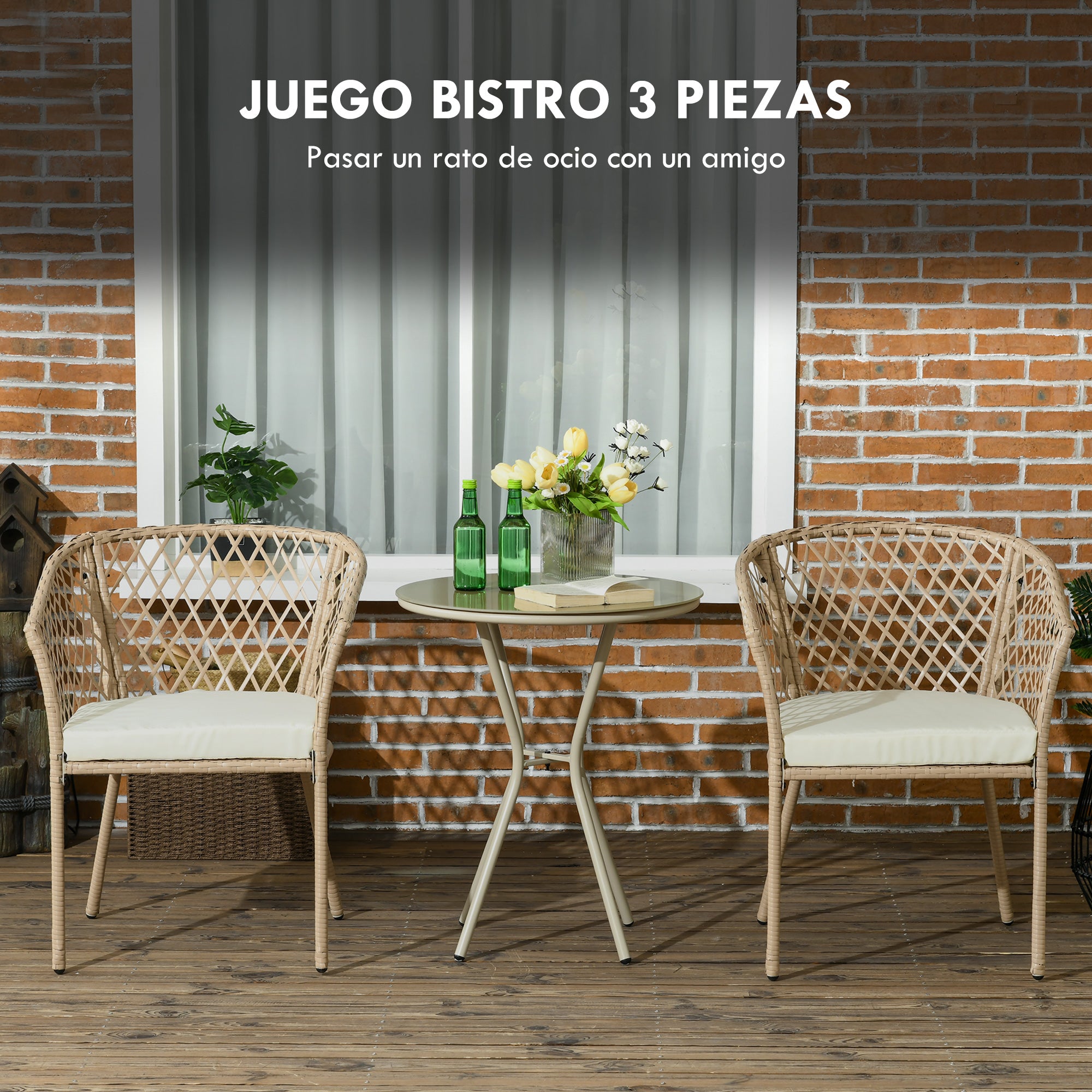 Outsunny Conjunto de Mesa y 2 Sillas de Jardín Juego de 3 Piezas Muebles de Jardín de Ratán con Cojines Extraíbles para Exterior Terraza Césped Balcón Caqui
