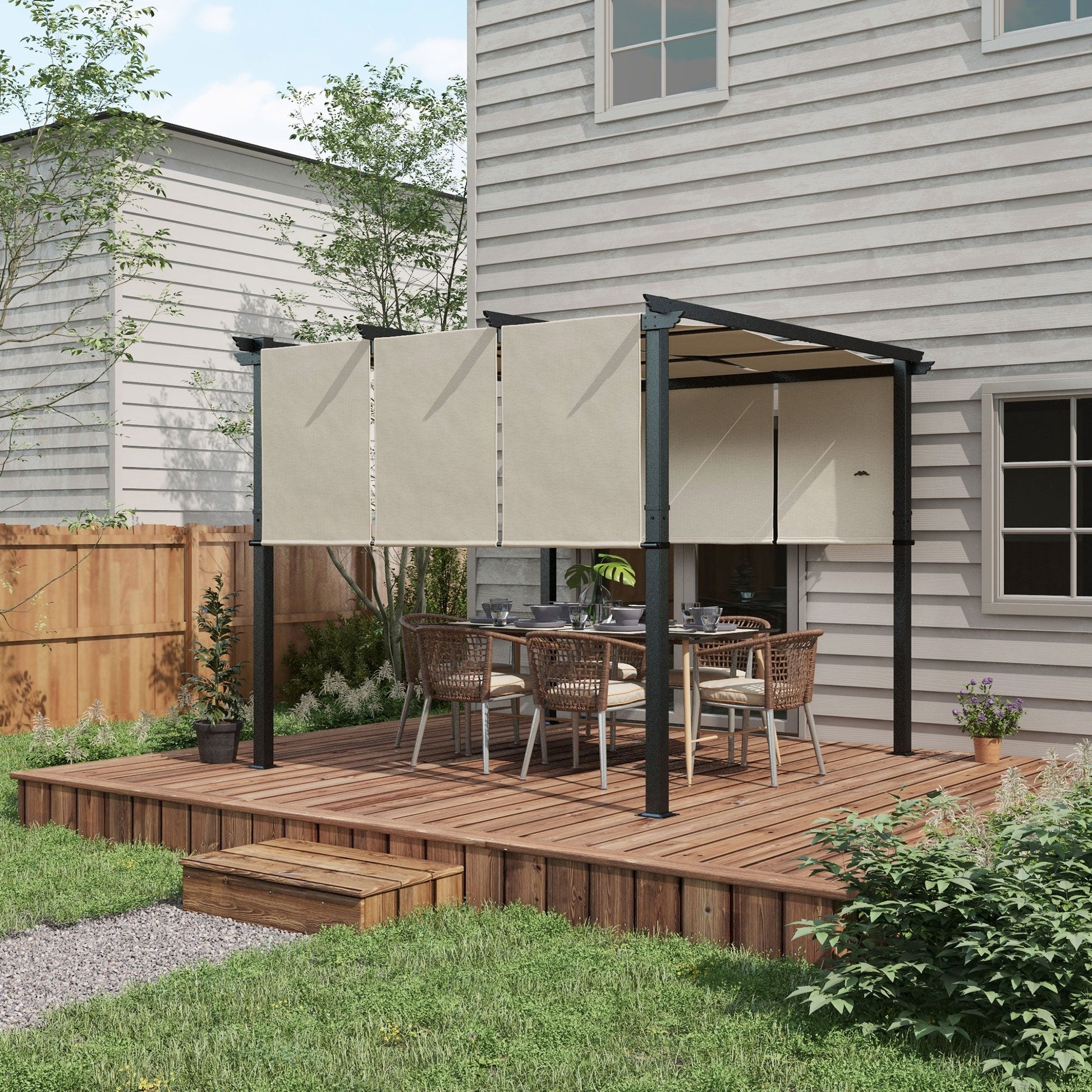 Outsunny Pérgola de Jardín 3x3 m Cenador para Exterior con Techo Retráctil Marco de Acero Impermeable y Anti-UV para Terraza Patio Beige