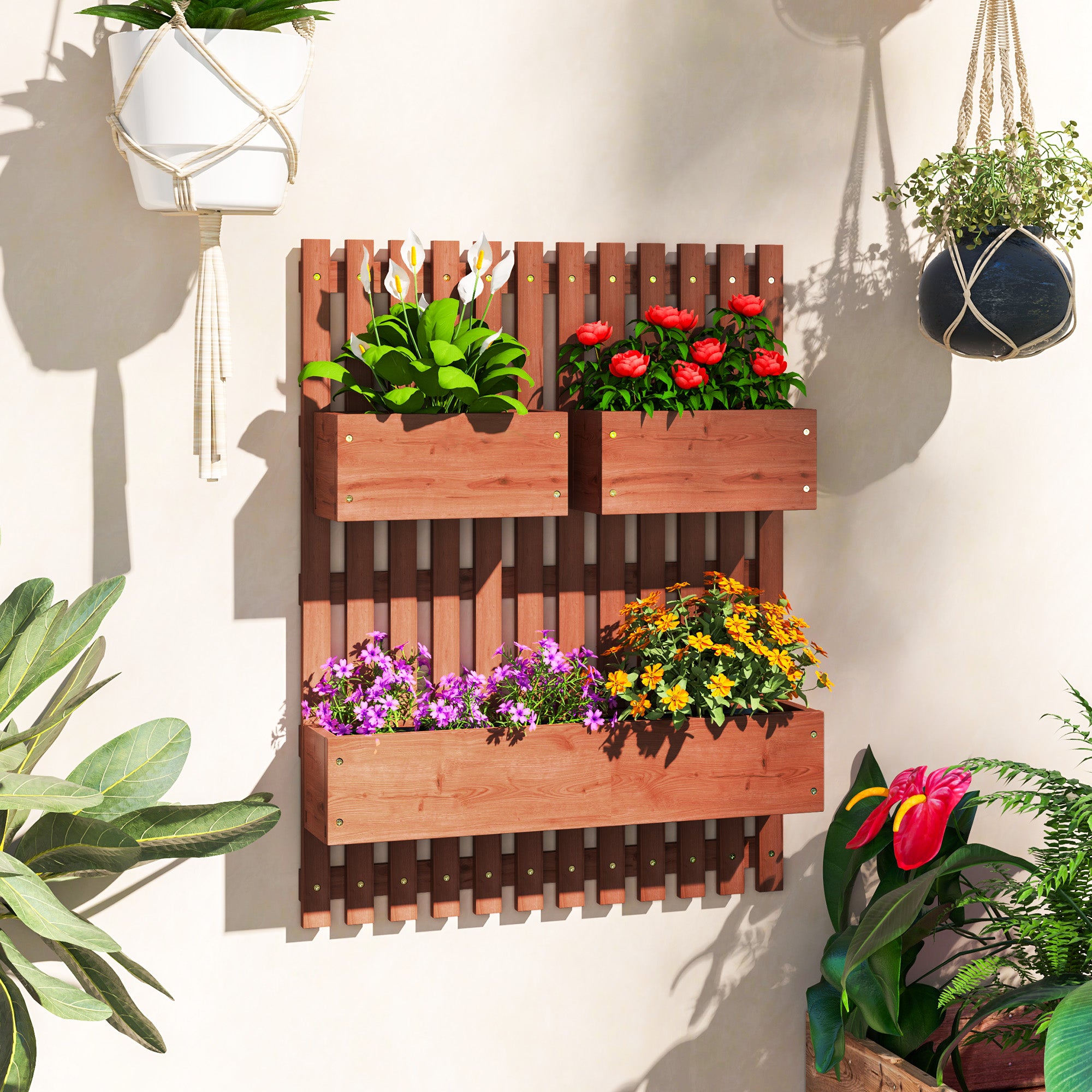 Outsunny Jardinera de Pared con Enrejado, Jardinera Exterior Grande de Madera con 3 Macetas Móviles y Orificio de Drenaje, para Exterior, Jardín, Terraza, Patio, 60x16x80 cm, Marrón