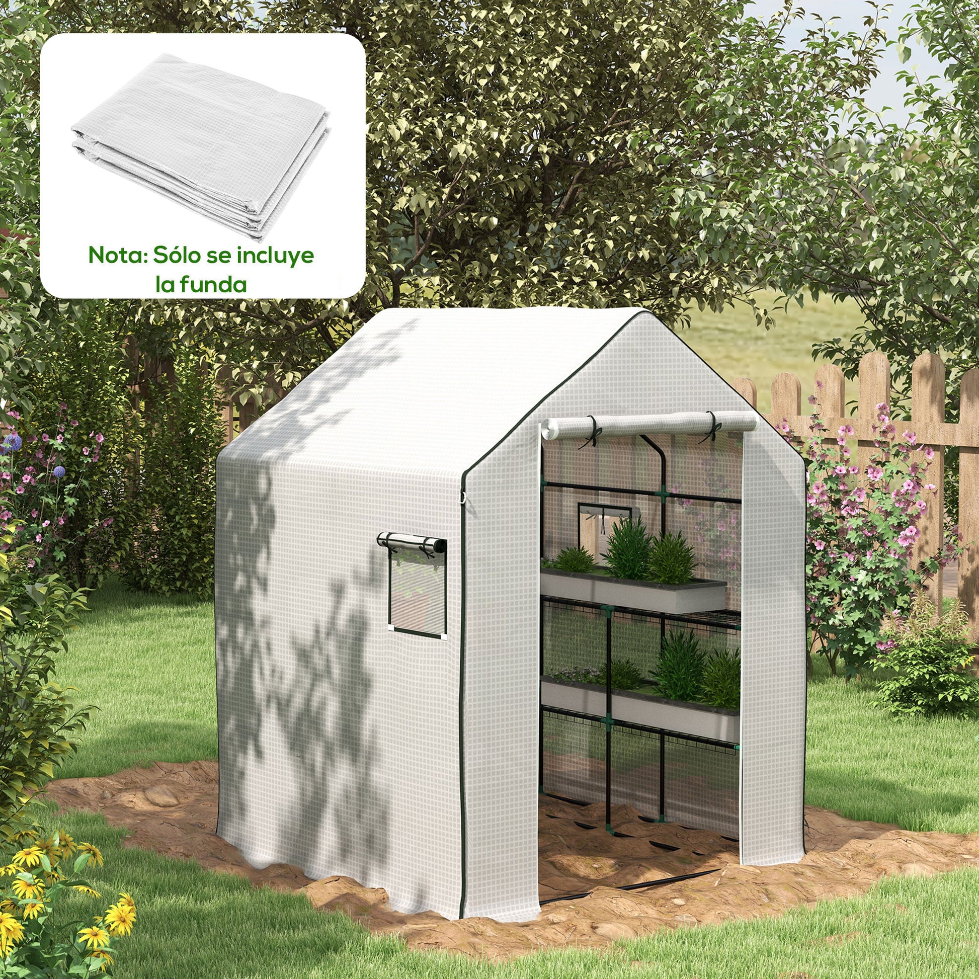 Outsunny Plástico Invernadero, 140x143x190 cm, Cubierta de Repuesto para Invernadero de Polietileno con Ventana, Puerta Enrollable, Anti-UV, para Huerto, Plantas, Agricultura, Jardín, Blanco