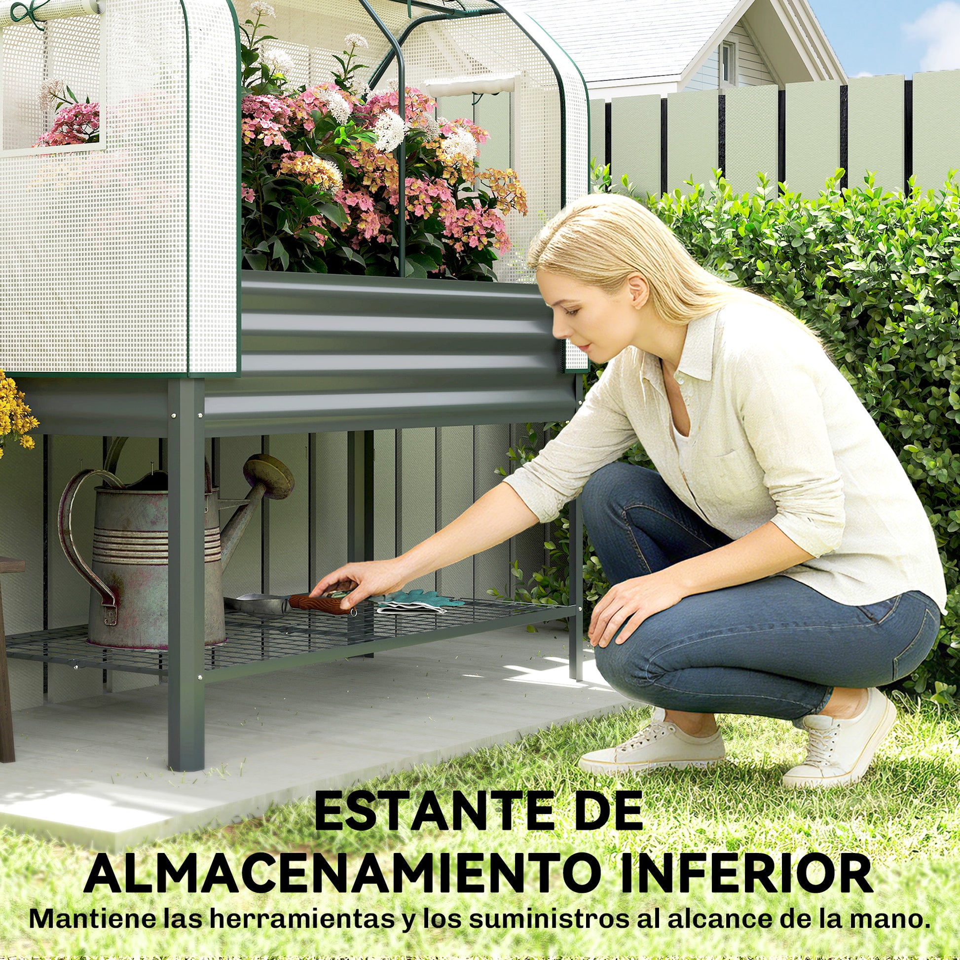 Outsunny Huerto Urbano Elevado con Cubierta de Invernadero de 140 g/m² PE, Mesa de Cultivo de Metal Galvanizado con Estante Inferior y Forro para Cultivo, Plantas y Flores, 120x55x140 cm, Gris Oscuro