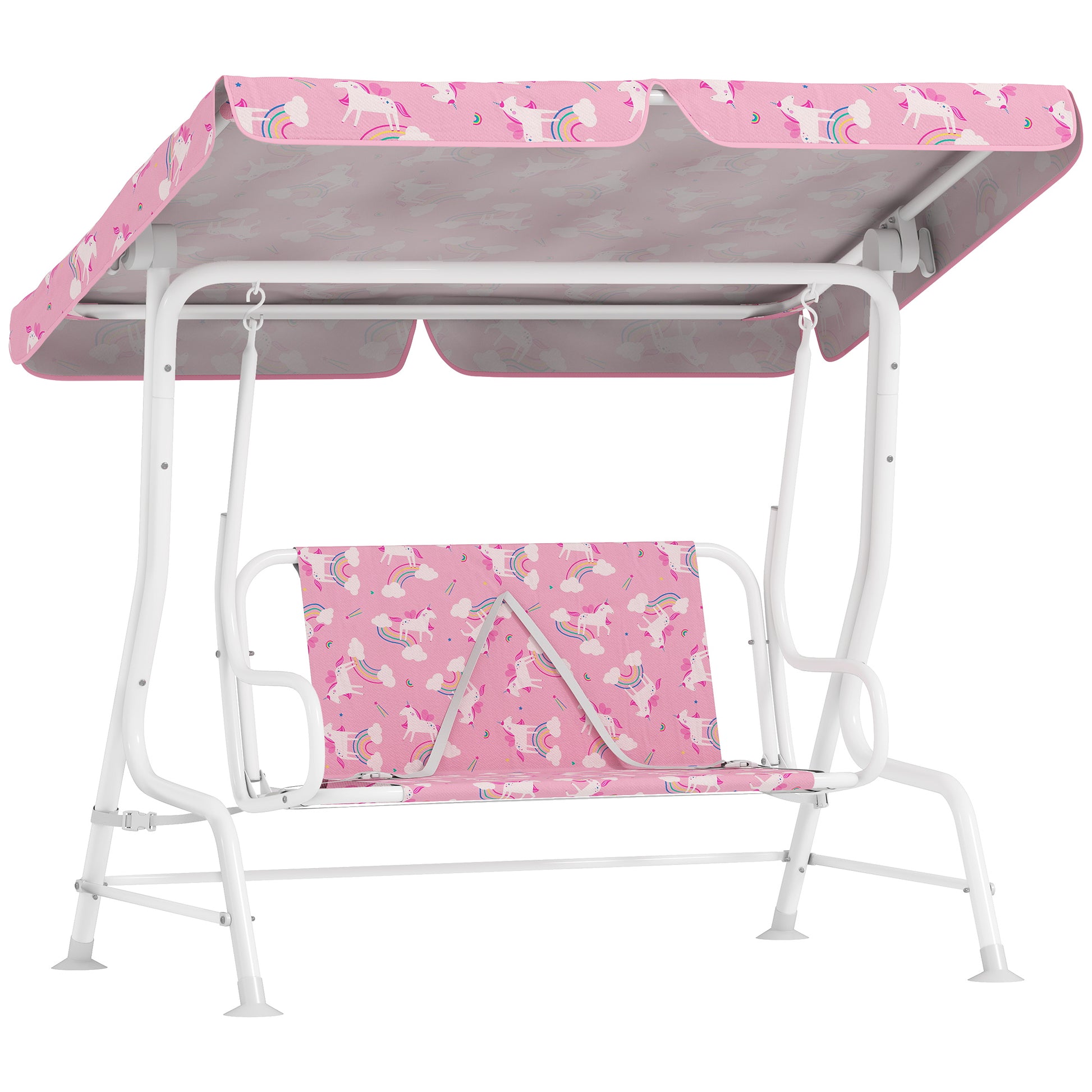 AIYAPLAY Columpio de Jardín Exterior para Niños de 2 Plazas, Balancín de Jardín, Toldo Ajustable, con Cinturones de Seguridad, Diseño de Unicornio y Arcoíris, para Interior, Patio, 112x75x120 cm, Rosa