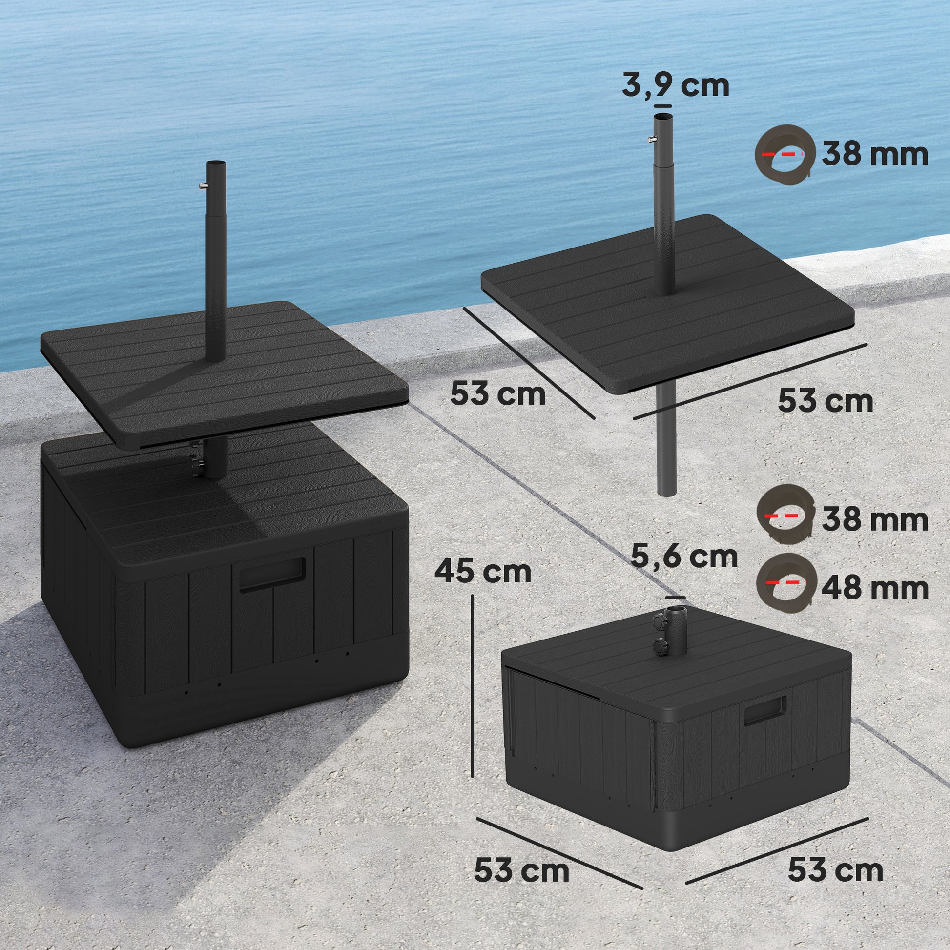 Outsunny Base para Sombrilla Exterior 3 en 1, Mesa Auxiliar Ajustable, Macetero con Orificio de Drenaje, Soporte de Parasol Rellenable Arena 80 kg con Ruedas y Asas, para Postes Ø38 y Ø48 mm, Negro