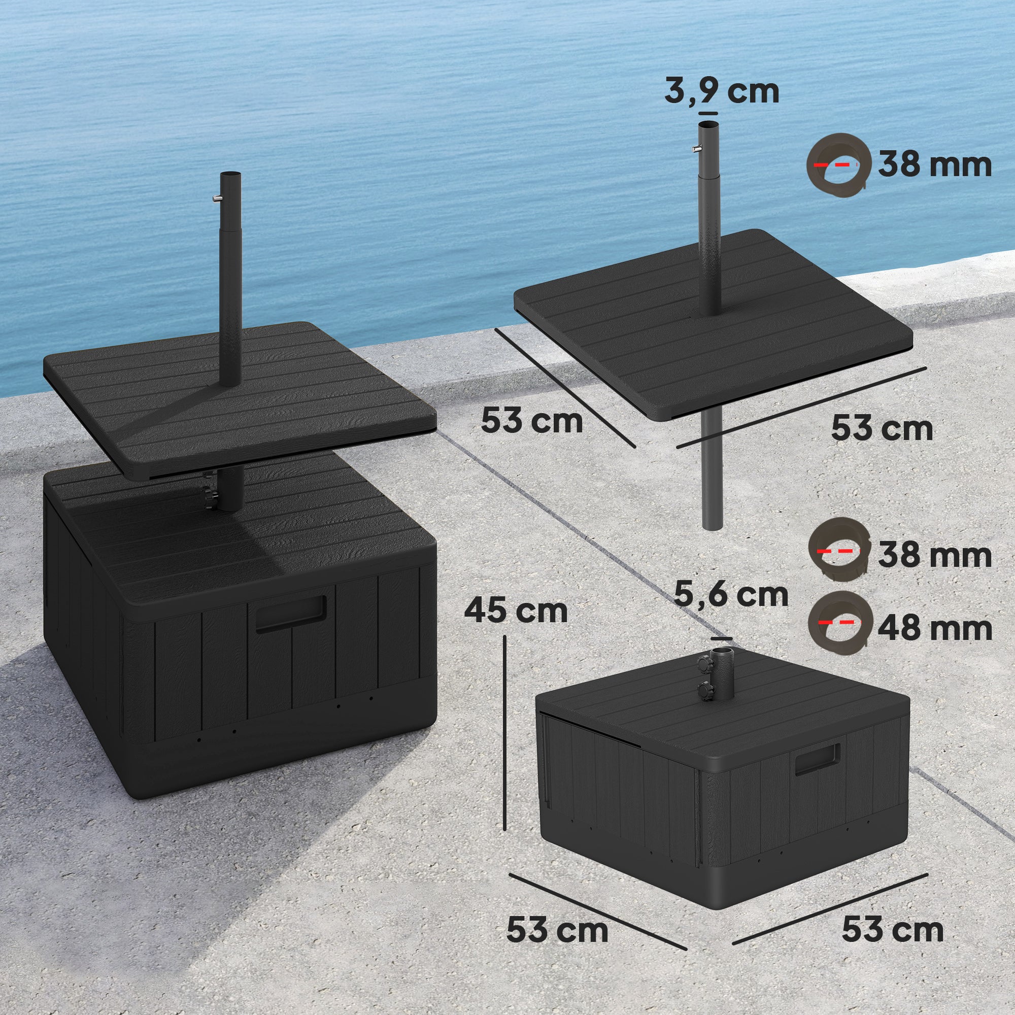 Outsunny Base para Sombrilla Exterior 3 en 1, Mesa Auxiliar Ajustable, Macetero con Orificio de Drenaje, Soporte de Parasol Rellenable Arena 80 kg con Ruedas y Asas, para Postes Ø38 y Ø48 mm, Negro