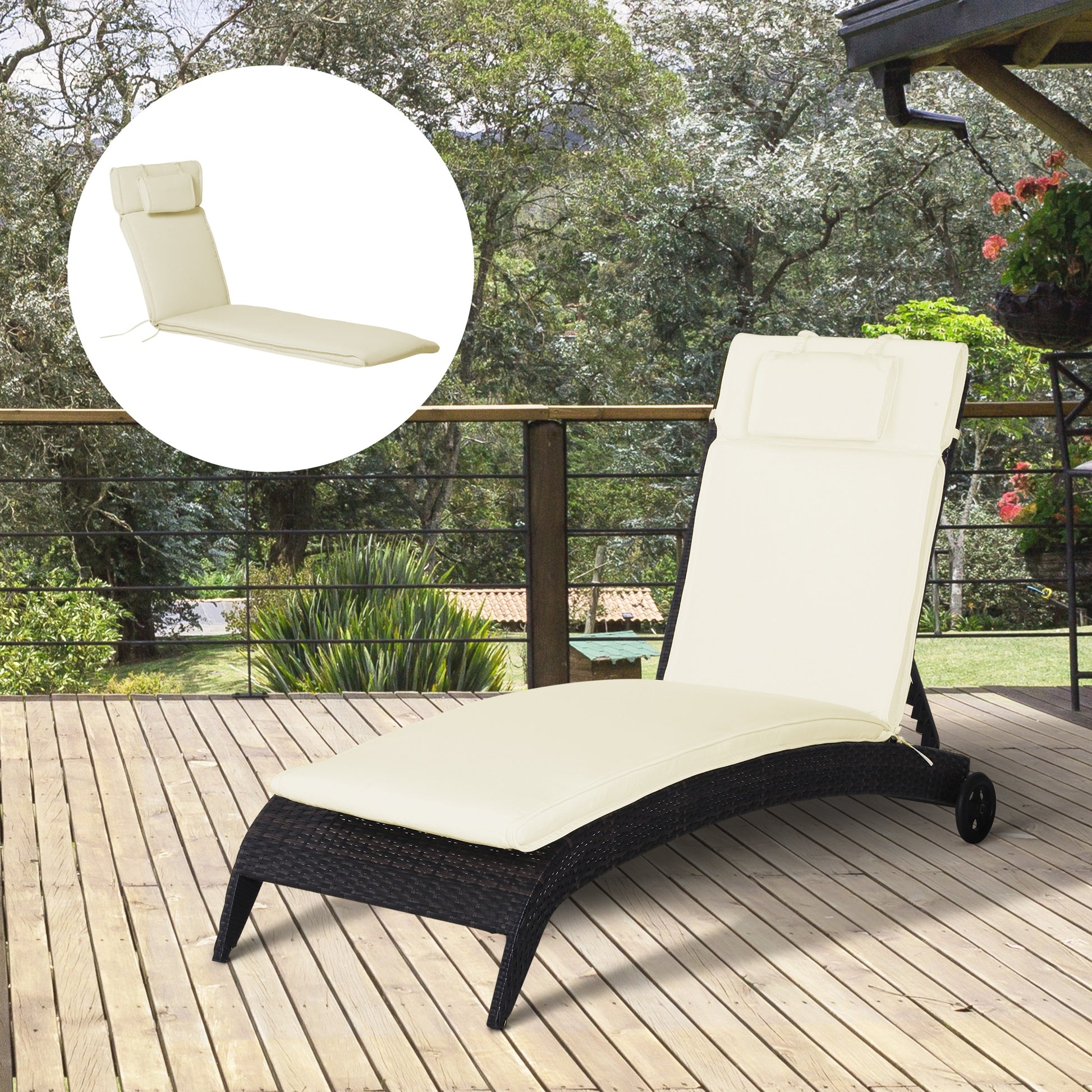Outsunny Cojín para Tumbona de Exterior 198x53x5 cm Desenfundable y Lavable con Reposacabezas Extraíble Colchoneta Plegable de Algodón para Silla Reclinable de Jardín Crema