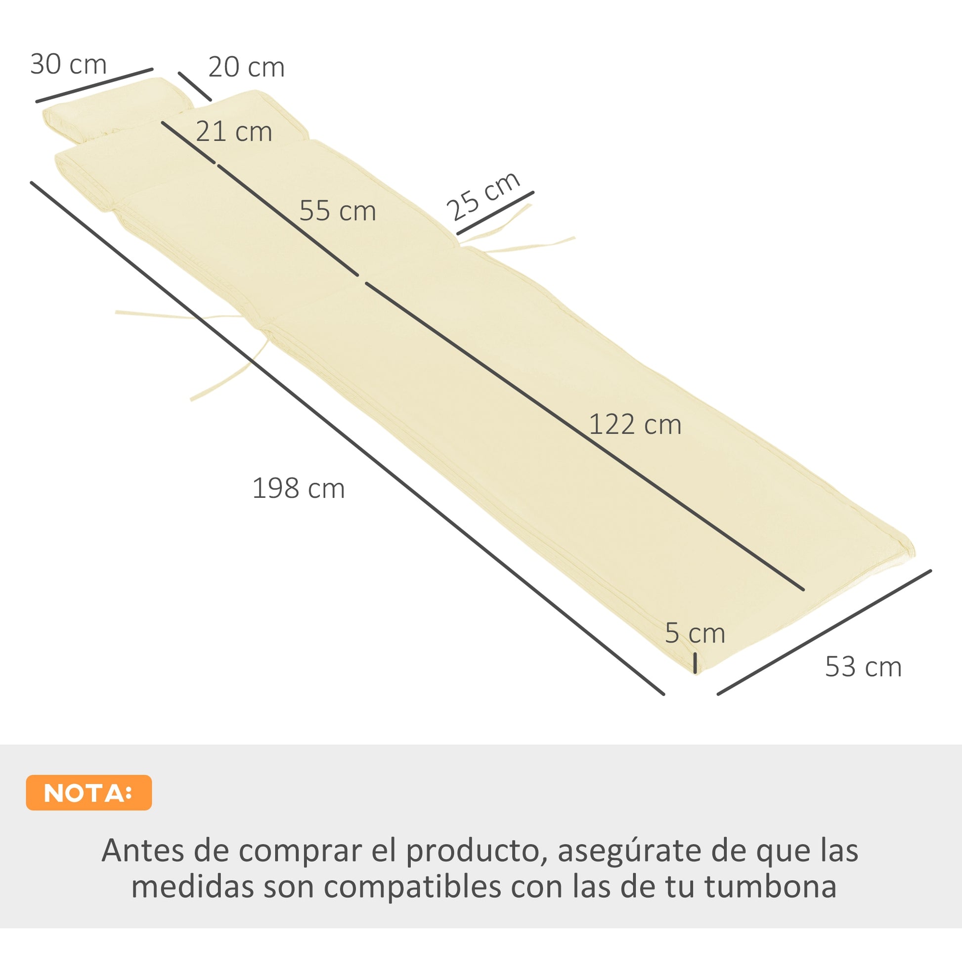 Outsunny Cojín para Tumbona de Exterior 198x53x5 cm Desenfundable y Lavable con Reposacabezas Extraíble Colchoneta Plegable de Algodón para Silla Reclinable de Jardín Crema