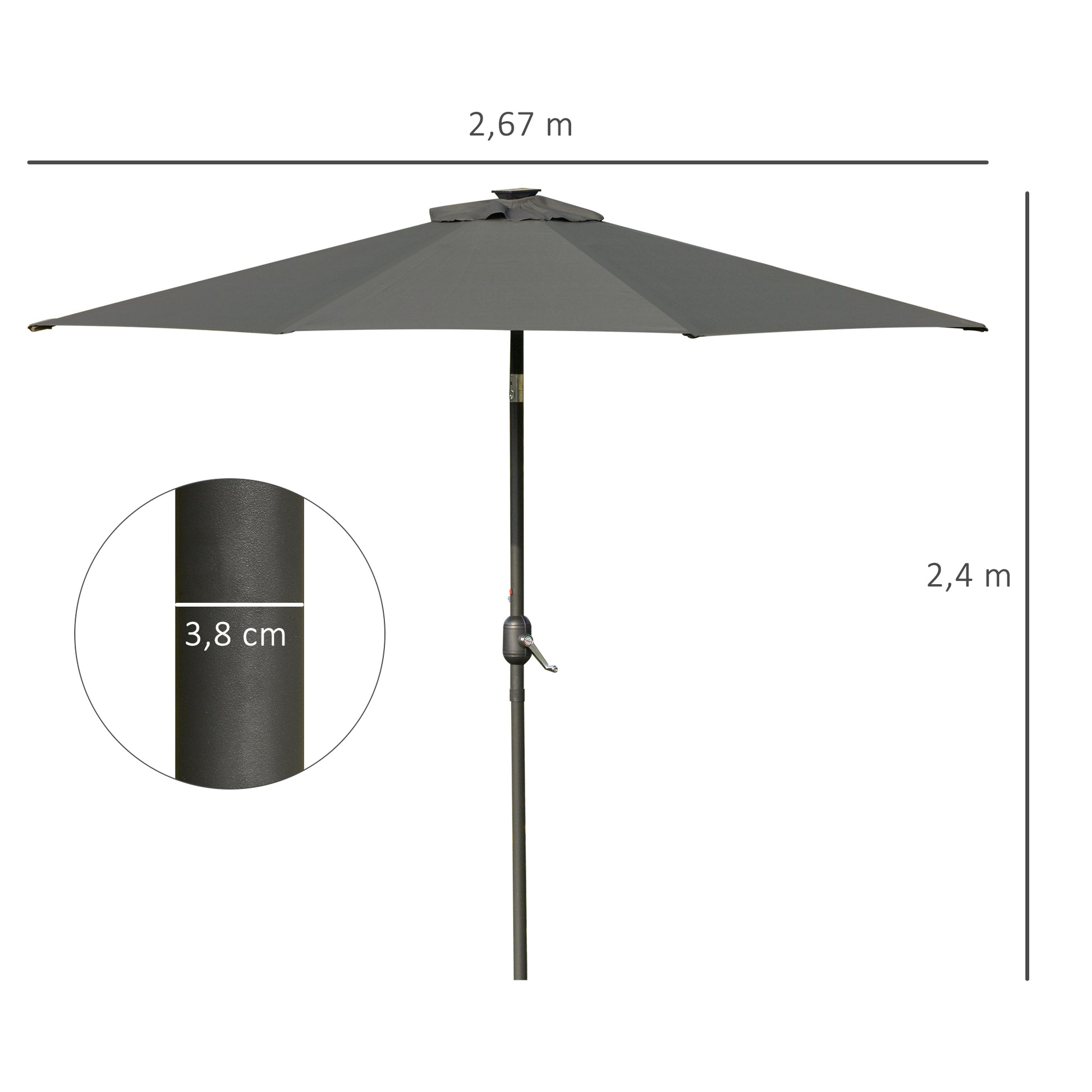 Outsunny Sombrilla de Jardín Ø268x238 cm Parasol de Terraza con 24 Luces LED Solar Mecanismo de Inclinación Manivela y Poste Desmontable de Metal para Piscina Patio Gris