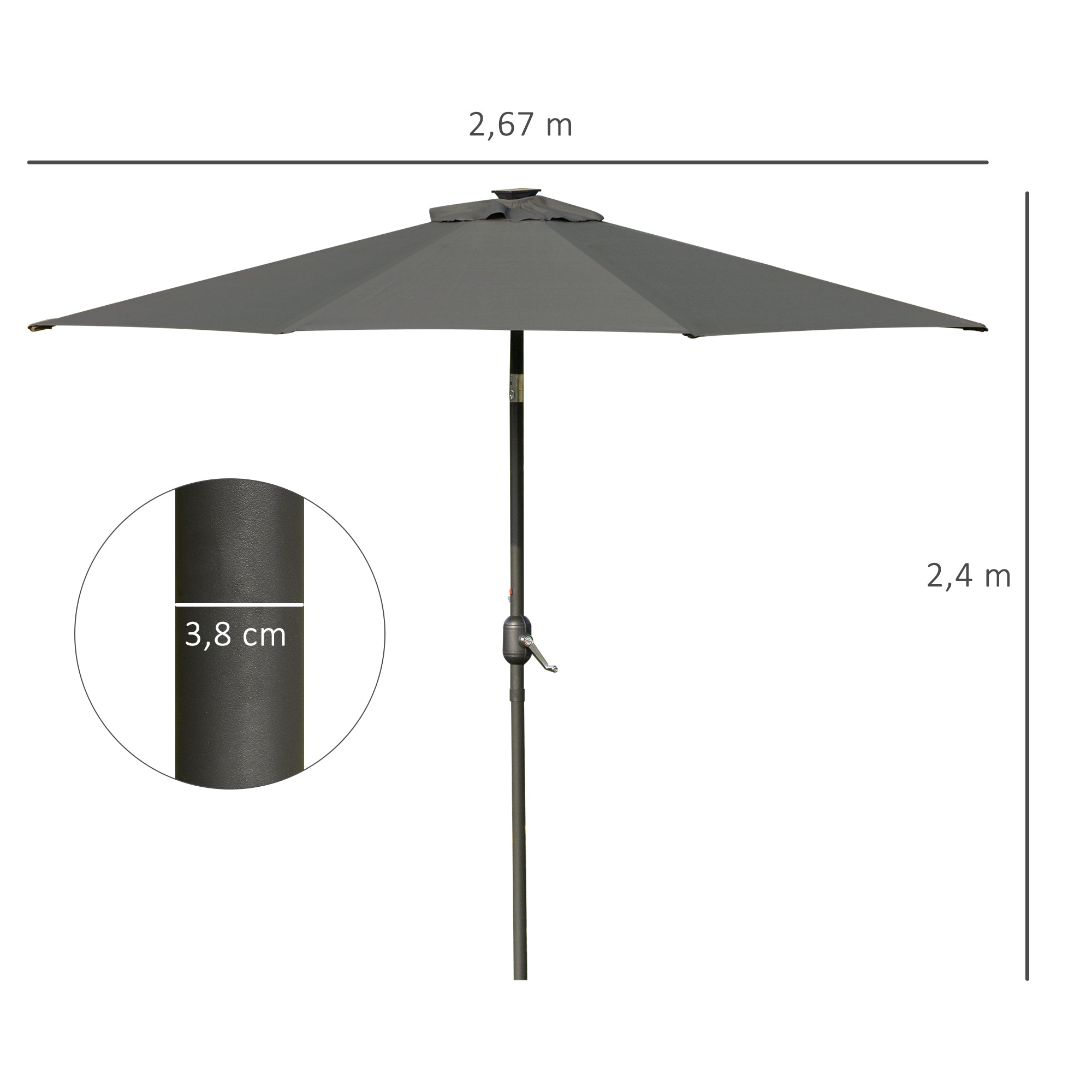 Outsunny Sombrilla de Jardín Ø268x238 cm Parasol de Terraza con 24 Luces LED Solar Mecanismo de Inclinación Manivela y Poste Desmontable de Metal para Piscina Patio Gris