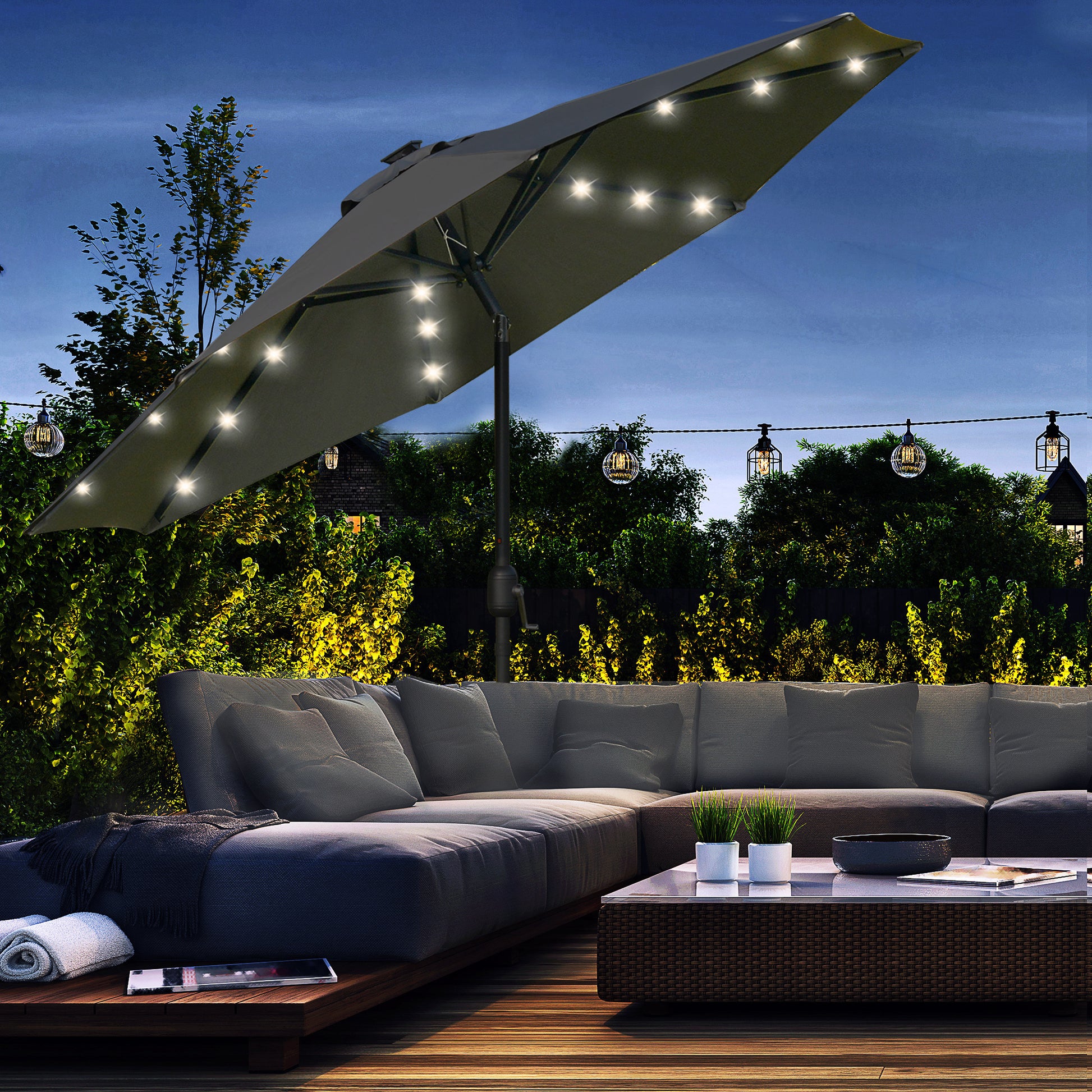 Outsunny Sombrilla de Jardín Ø268x238 cm Parasol de Terraza con 24 Luces LED Solar Mecanismo de Inclinación Manivela y Poste Desmontable de Metal para Piscina Patio Gris