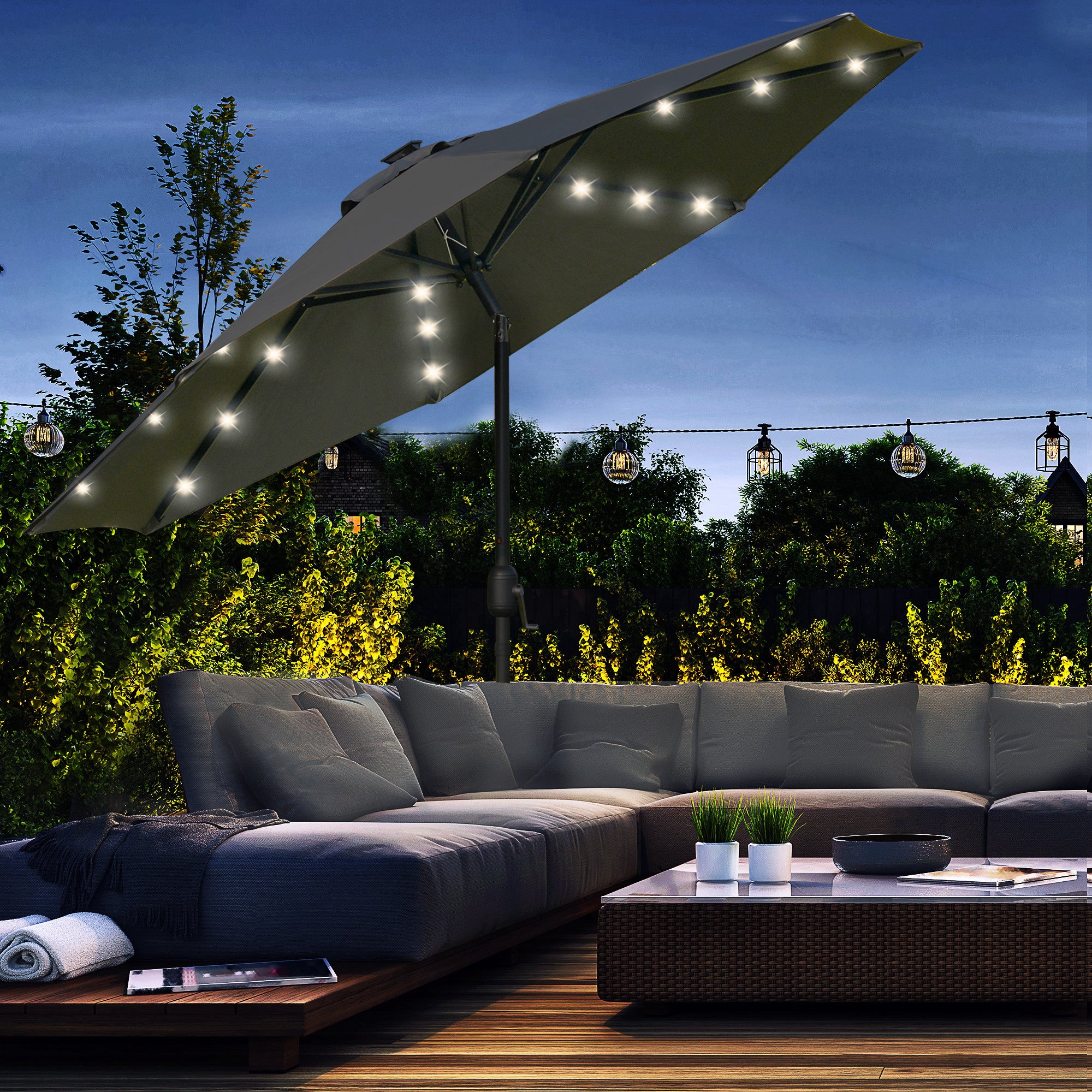 Outsunny Sombrilla de Jardín Ø268x238 cm Parasol de Terraza con 24 Luces LED Solar Mecanismo de Inclinación Manivela y Poste Desmontable de Metal para Piscina Patio Gris