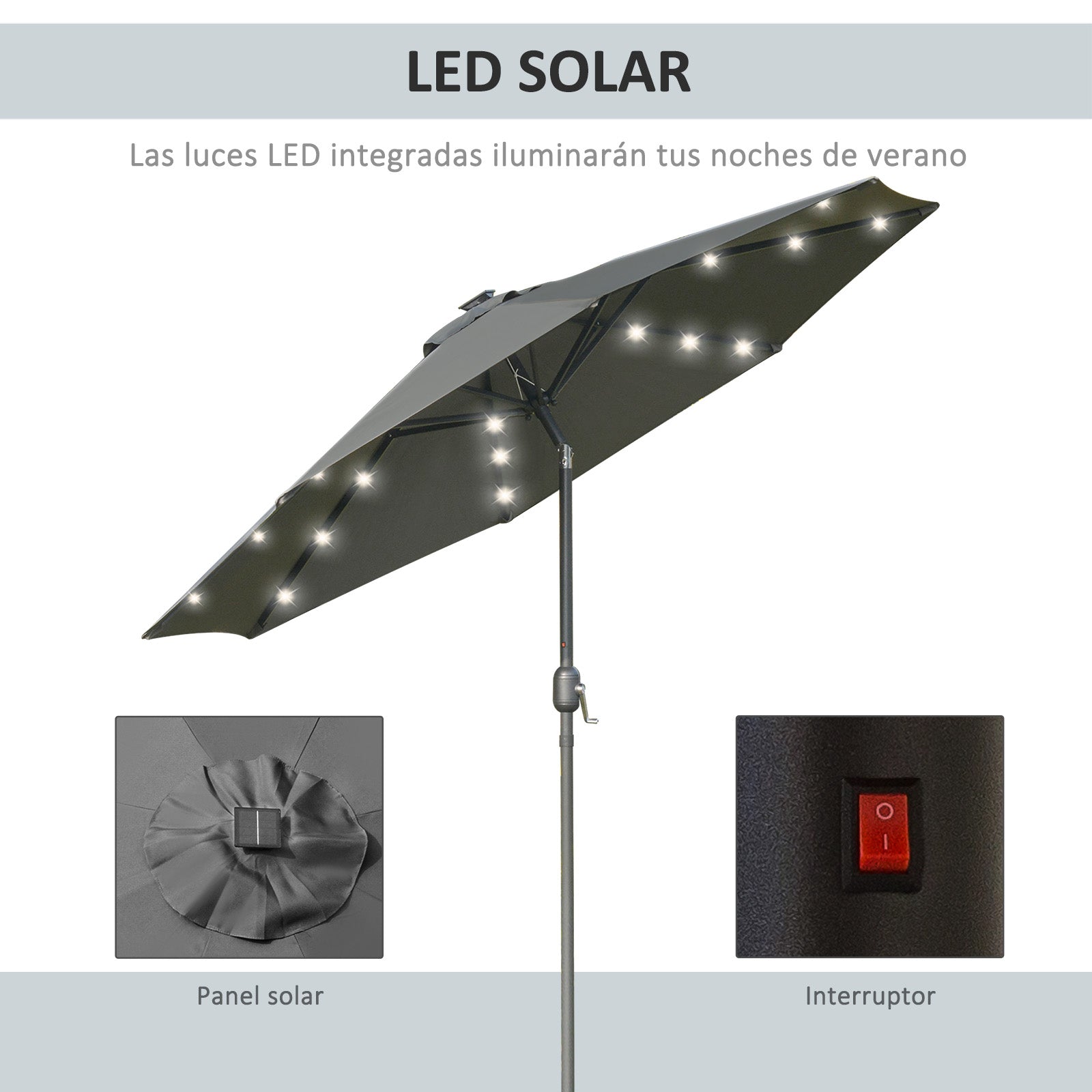 Outsunny Sombrilla de Jardín Ø268x238 cm Parasol de Terraza con 24 Luces LED Solar Mecanismo de Inclinación Manivela y Poste Desmontable de Metal para Piscina Patio Gris