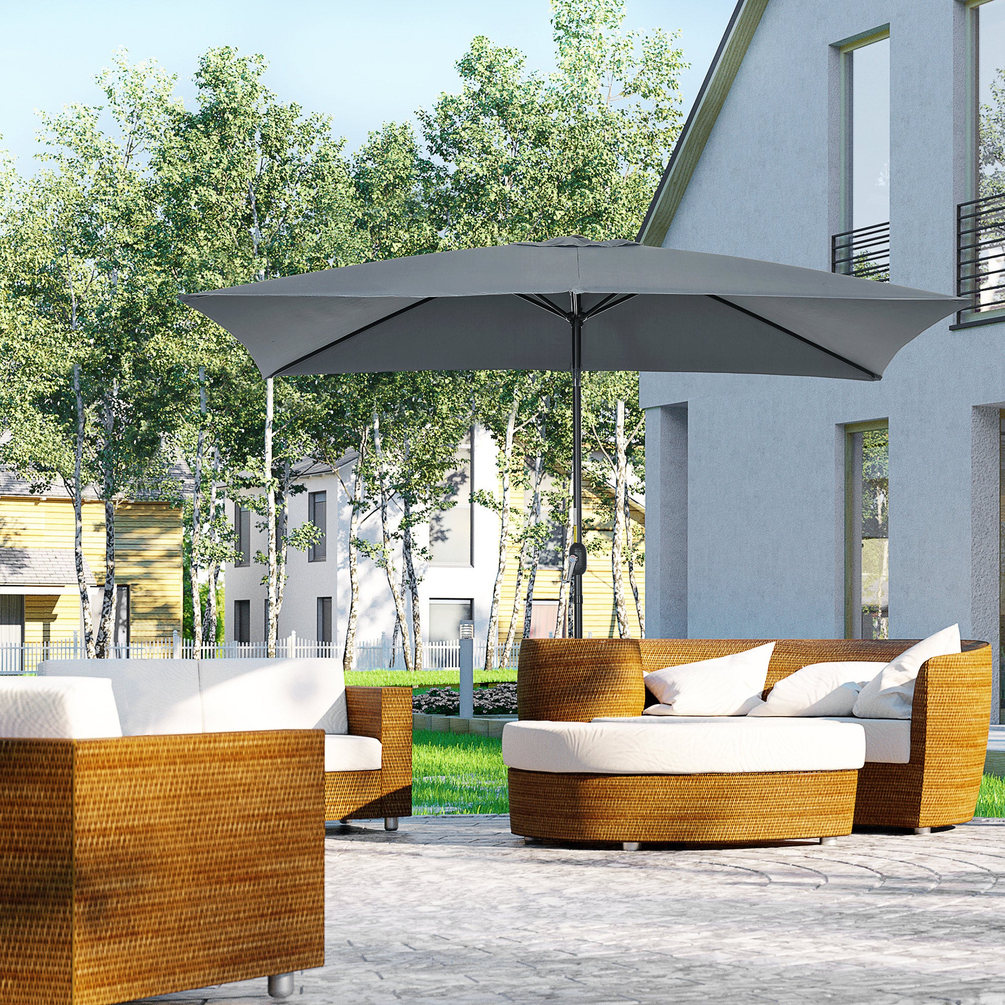 Outsunny Sombrilla de Aluminio 200x300x253 cm Parasol Rectangular de Jardín Inclinable con Manivela y Poste Desmontable Anti-UV para Terraza Piscina Patio Exterior Gris