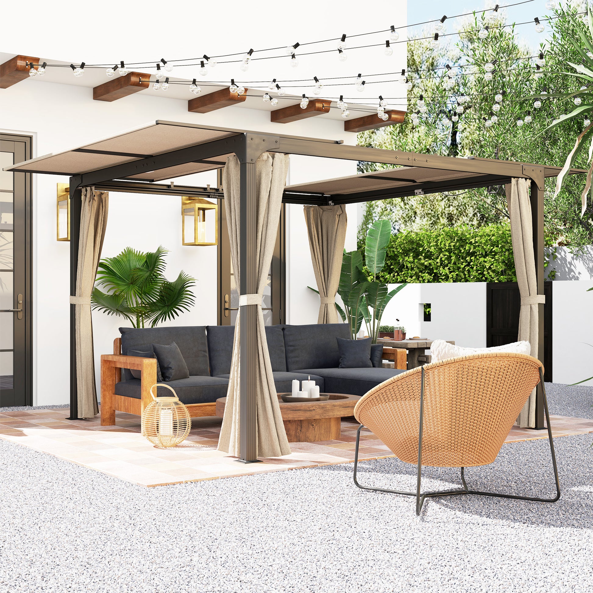 Outsunny Pérgola de Aluminio 4,2x3 m Cenador de Jardín Gazebo con Techo Corredizo 4 Paredes Laterales y Orificios de Drenaje Pabellón para Patio Terraza Beige y Negro