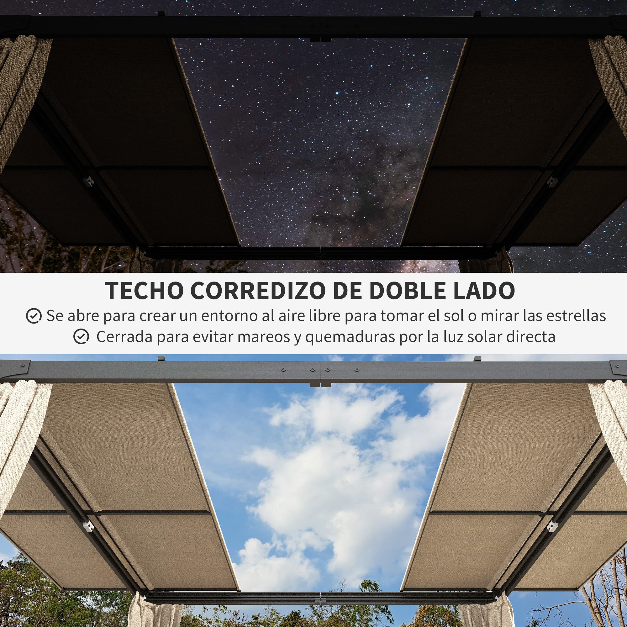 Outsunny Pérgola de Aluminio 4,2x3 m Cenador de Jardín Gazebo con Techo Corredizo 4 Paredes Laterales y Orificios de Drenaje Pabellón para Patio Terraza Beige y Negro