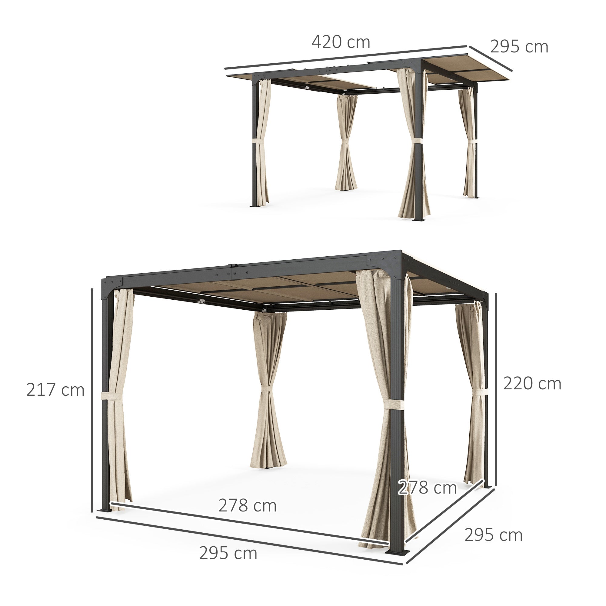 Outsunny Pérgola de Aluminio 4,2x3 m Cenador de Jardín Gazebo con Techo Corredizo 4 Paredes Laterales y Orificios de Drenaje Pabellón para Patio Terraza Beige y Negro