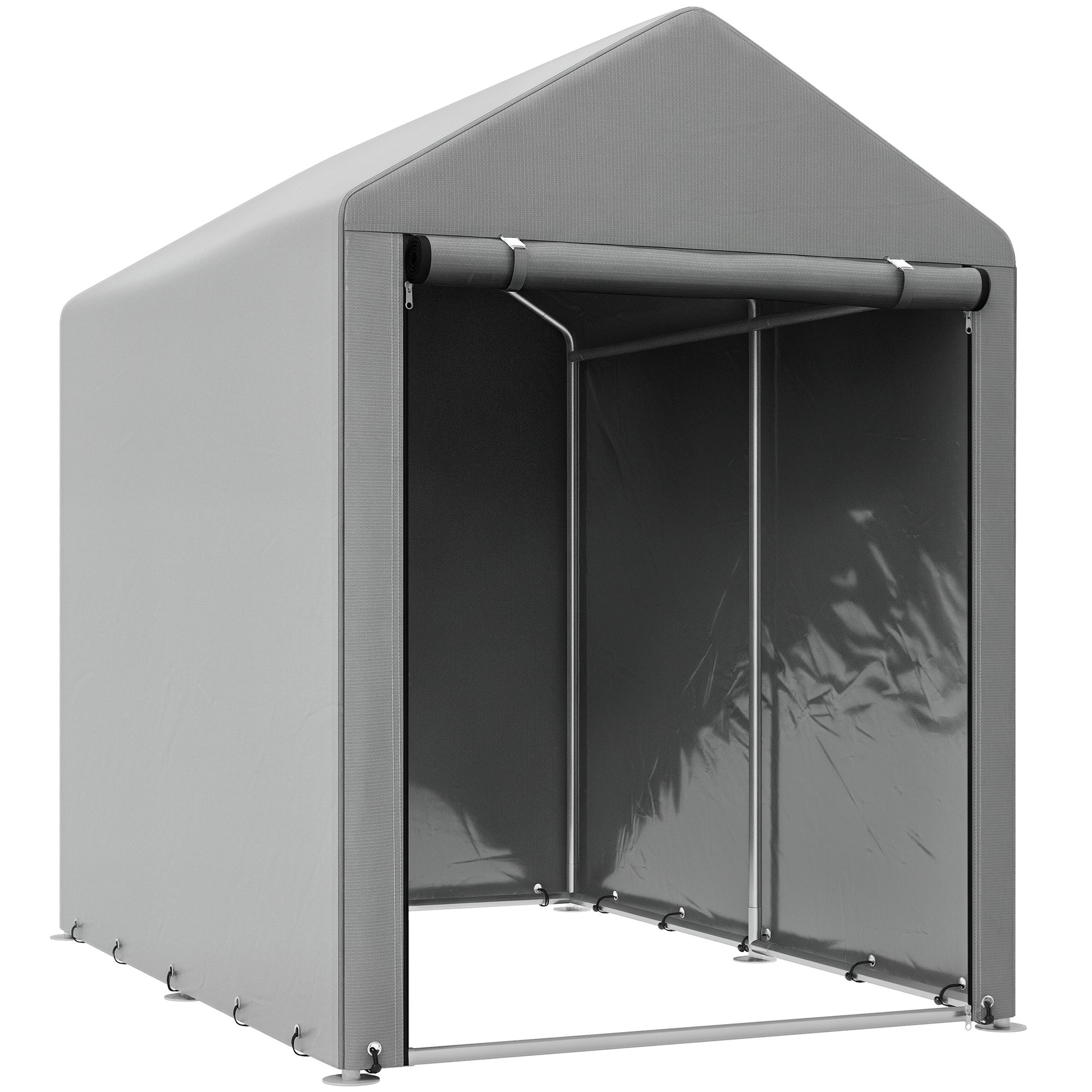 Outsunny Carpa de Jardín Exterior para Herramientas Bicicletas 1,2x1,8x1,65 m, Cobertizo Exterior con 2 Habitaciones, Puerta Enrollable con Cremallera, Impermeable Anti-UV, Garaje Portátil, Gris Claro