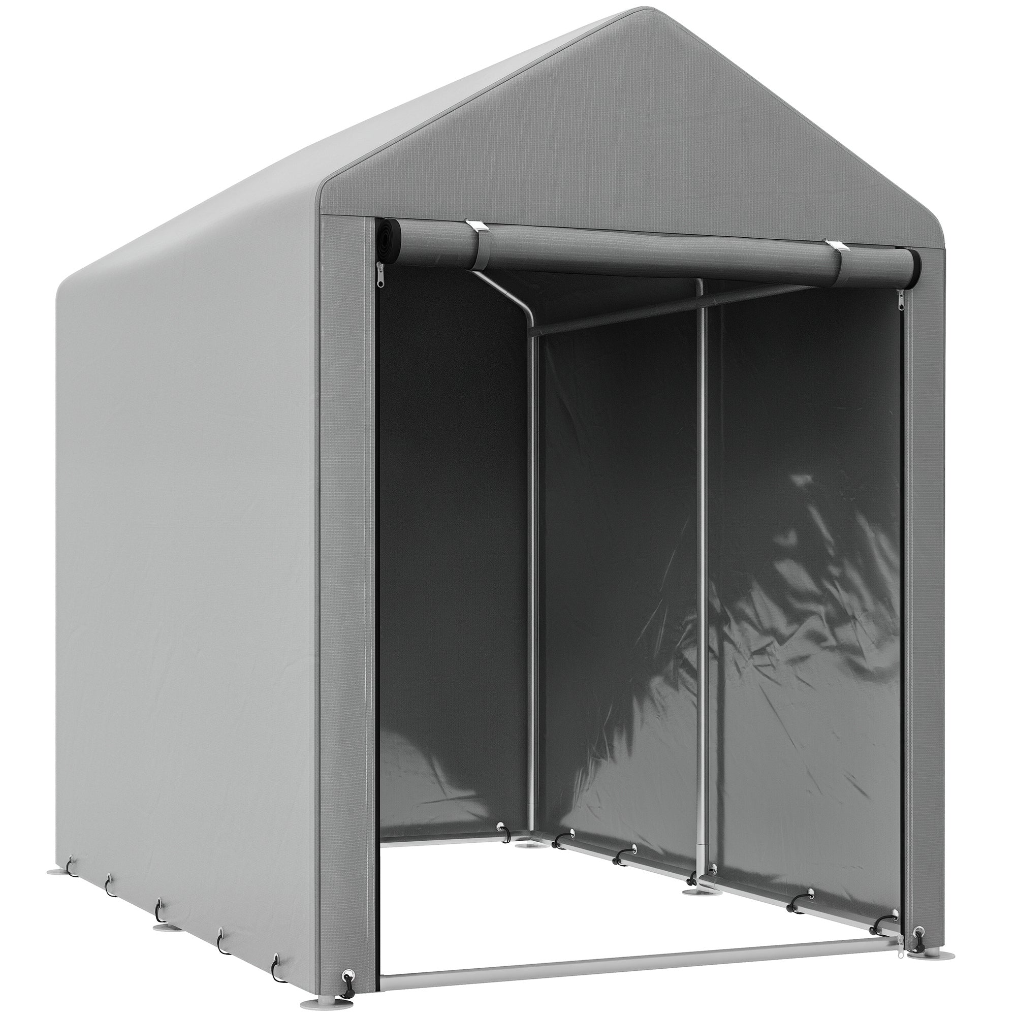 Outsunny Carpa de Jardín Exterior para Herramientas Bicicletas 1,2x1,8x1,65 m, Cobertizo Exterior con 2 Habitaciones, Puerta Enrollable con Cremallera, Impermeable Anti-UV, Garaje Portátil, Gris Claro
