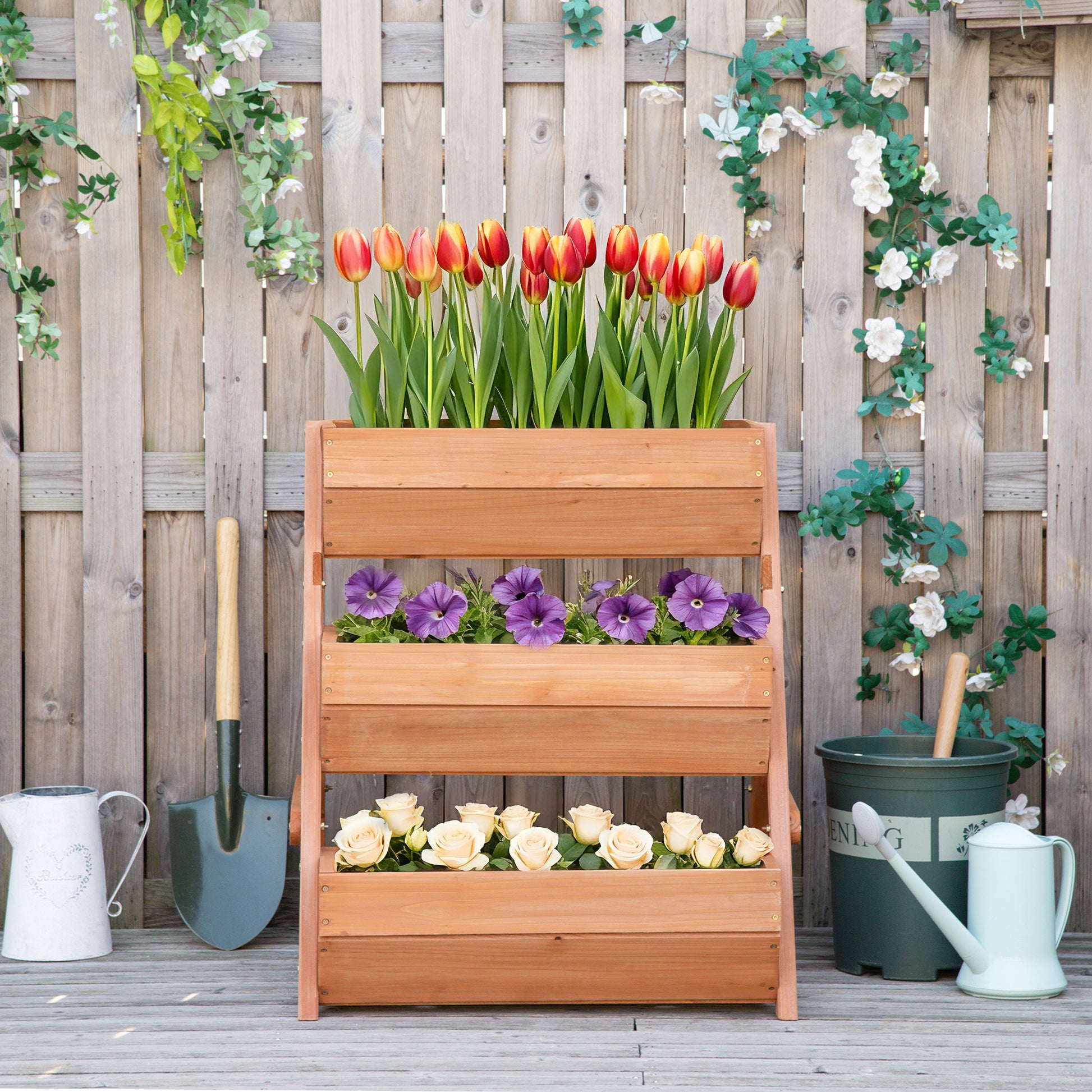 Outsunny Jardinera de Madera de 3 Niveles, Jardinera Elevada Exterior con Orificios de Drenaje, Macetero para Cultivos de Plantas, Flores, para Terraza, Jardín, 65x75x76 cm, Marrón