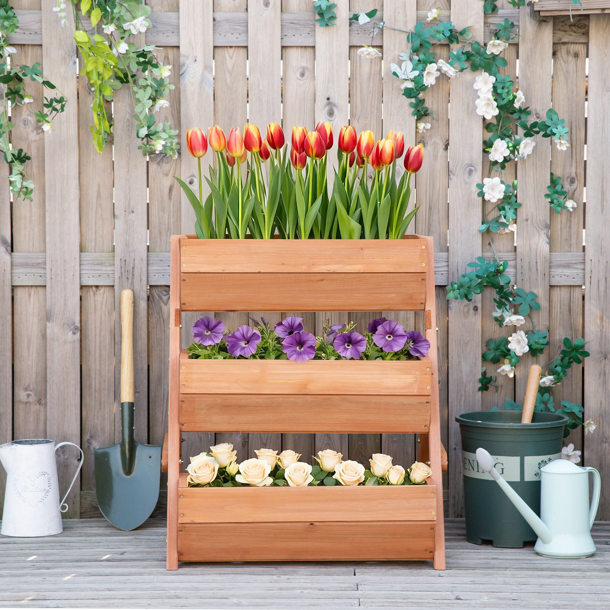 Outsunny Jardinera de Madera de 3 Niveles, Jardinera Elevada Exterior con Orificios de Drenaje, Macetero para Cultivos de Plantas, Flores, para Terraza, Jardín, 65x75x76 cm, Marrón