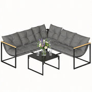 Outsunny Conjunto de Muebles Jardín Exterior de 4 Piezas, Sofá Exterior Seccional Resistente Forma de L con Cojines Gruesos, 2 Sofás de 2 Plazas, Sofá de Esquina y Mesa Centro de Vidrio Templado, Gris