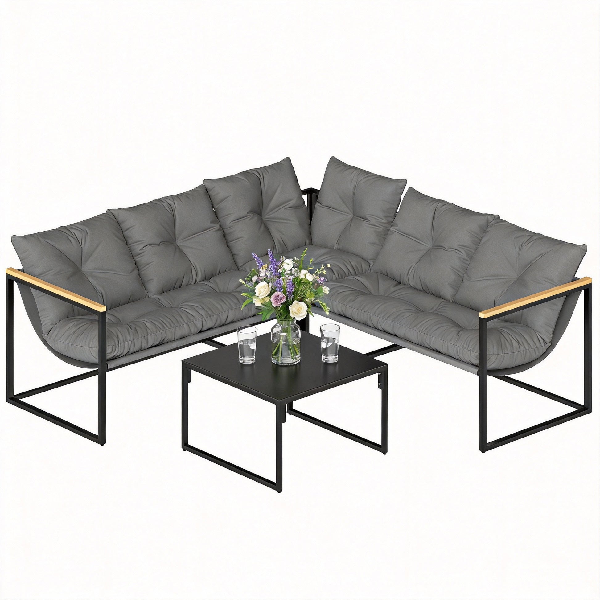 Outsunny Conjunto de Muebles Jardín Exterior de 4 Piezas, Sofá Exterior Seccional Resistente Forma de L con Cojines Gruesos, 2 Sofás de 2 Plazas, Sofá de Esquina y Mesa Centro de Vidrio Templado, Gris